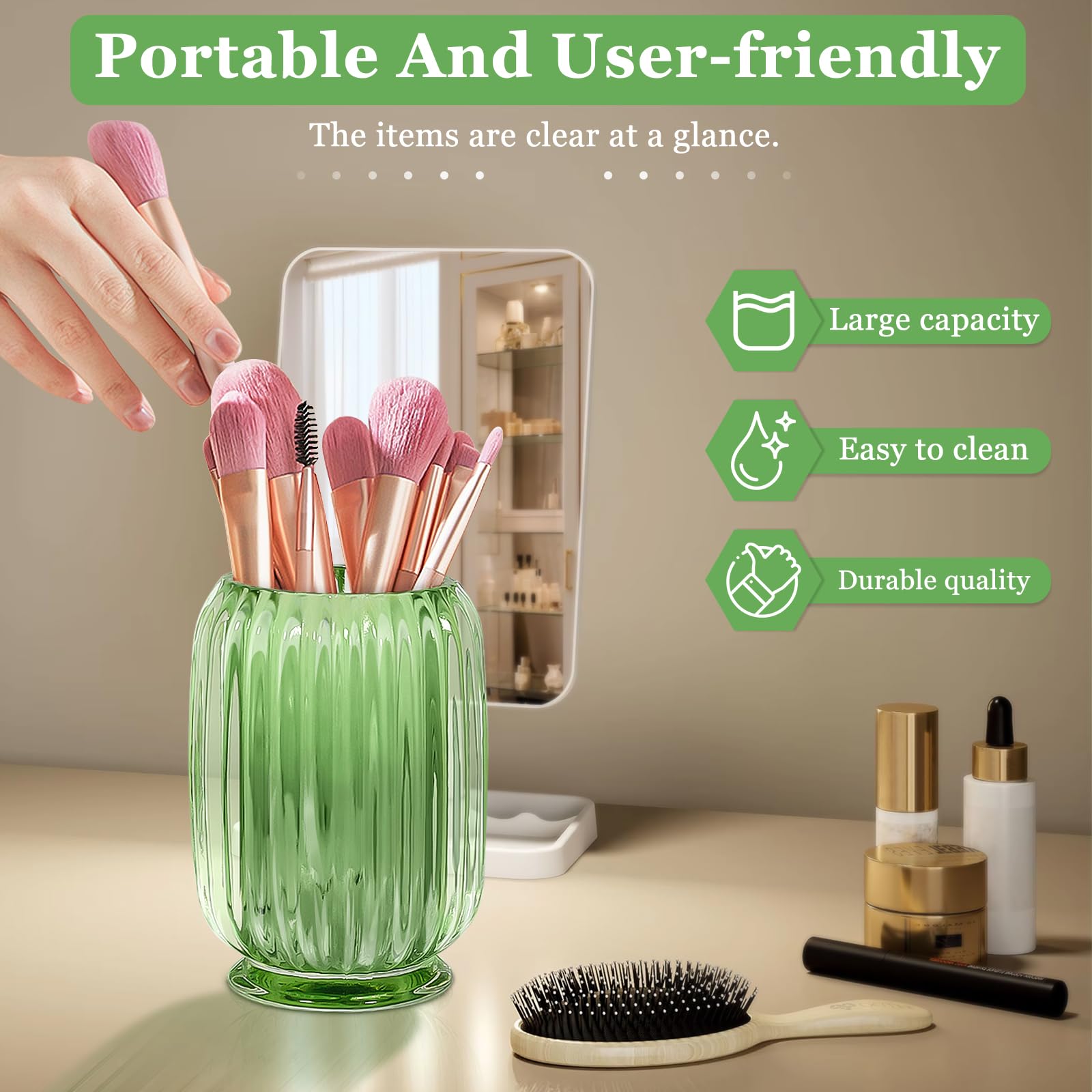 Porta pennelli da trucco, tazza organizer per pennelli da trucco in vetro spesso, altezza 12,2 cm, per pennelli da trucco per pennelli da trucco, organizer per brochas de maquillaje verde cristallo