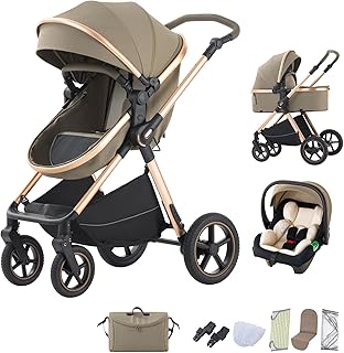 BEBBY 3 in 1 Pram, Pushchair with Seat, Pushchair 3 in 1 Travel Stroller with Adjustable-Height Push Handle,High Landscape Combined Baby Buggy Aluminium Frame