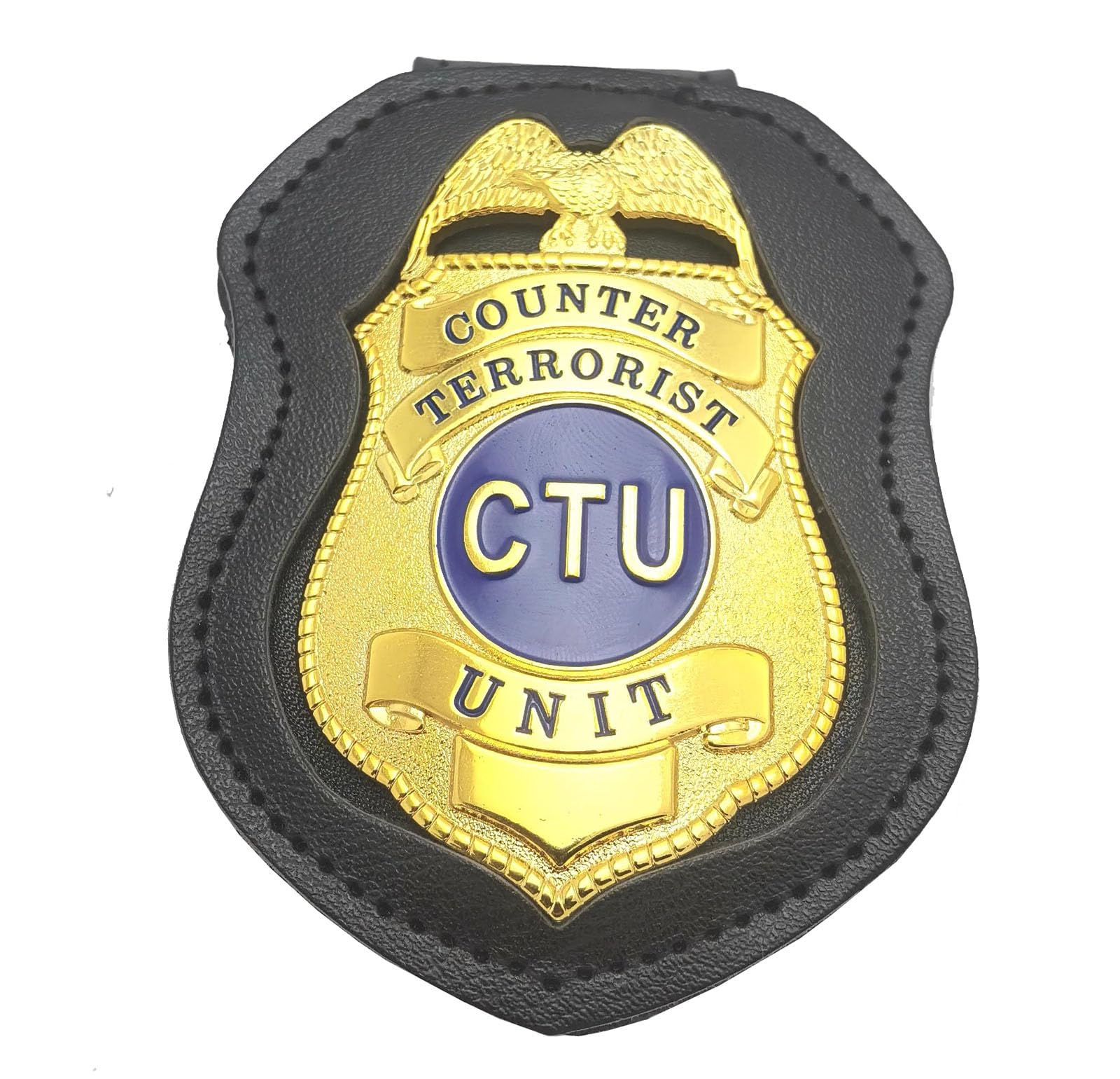 DOGOZ CTU Counter Terrorist Unit Metal Badge Pure Copper with Inlaid Leather Case,Costume Decoration Prop