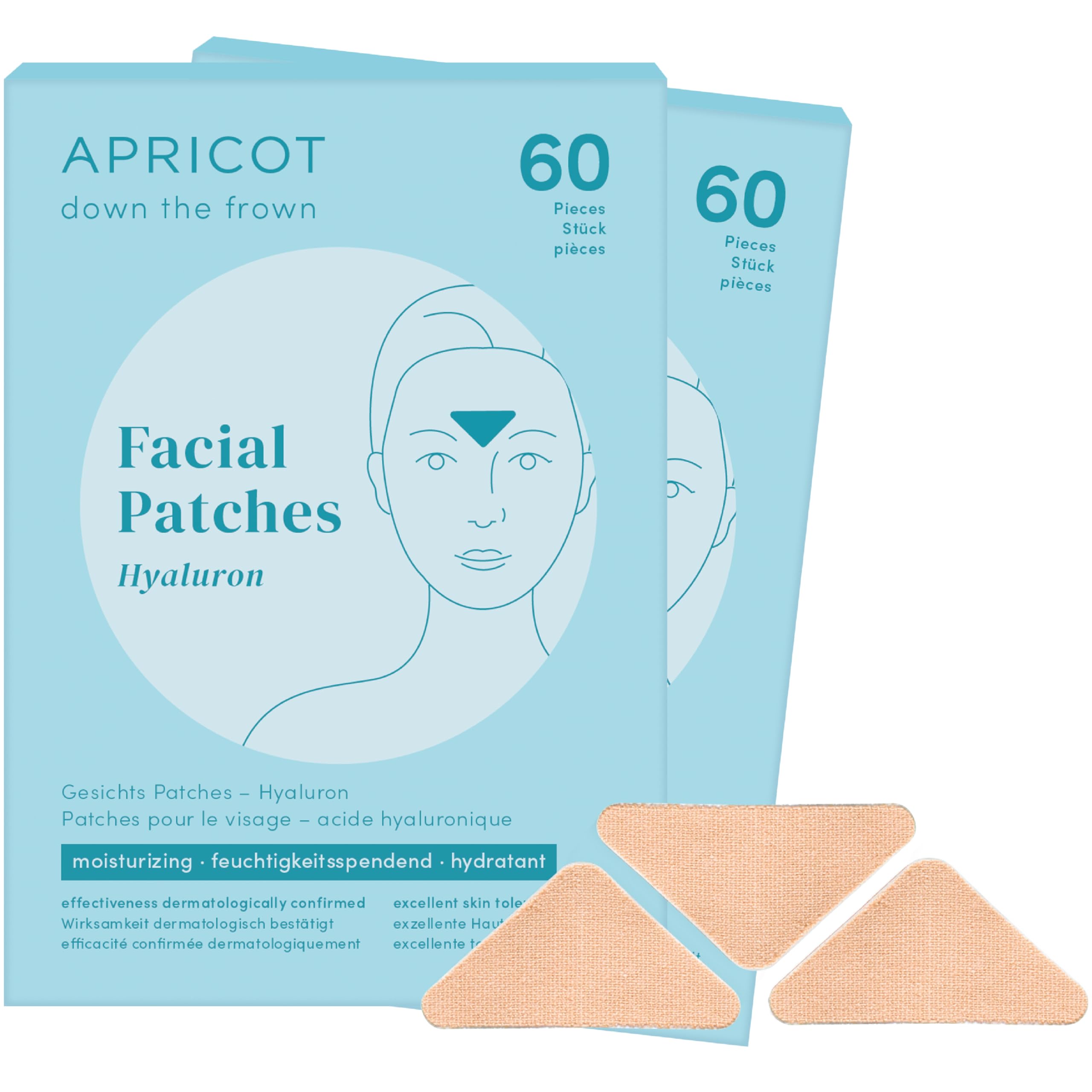 APRICOT 120x Zornesfalte Pflaster Nacht “'down the frown” aus Bio Baumwolle - Regt Kollagenproduktion an - Zornesfalten Patches mit Hyaluron, Zornesfalte Tape, Pflaster Zornesfalte - Apricot beauty