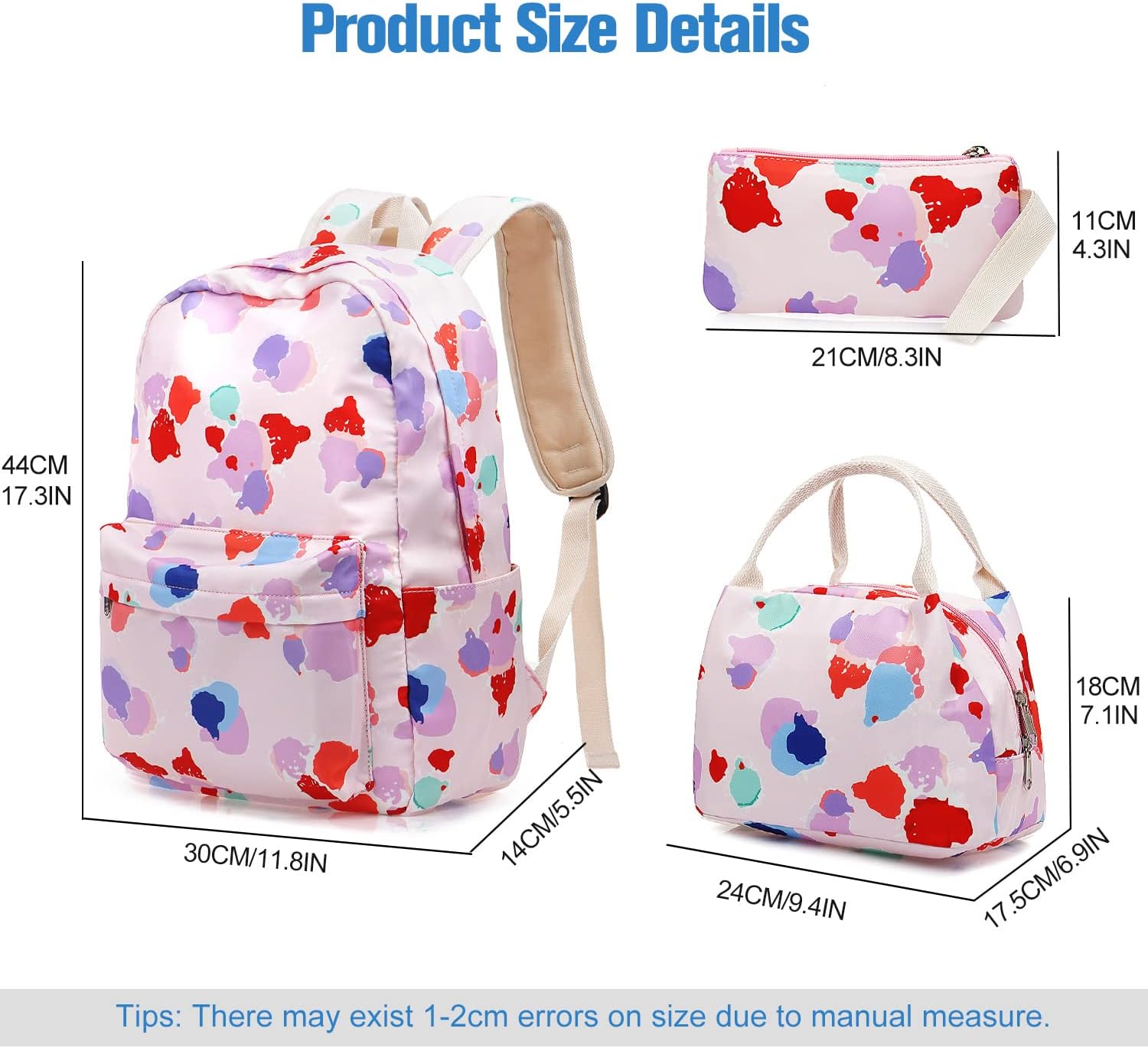 Ink Dot Backpack Set 3-in-1 Kids School Bag, Laptop Backpack Lunch Bag Pencil Case Gift for Teen Boys Girls Pink