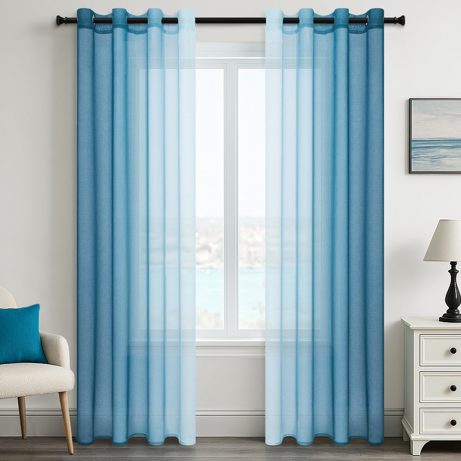 MRTREES Gardinen Voile mit Ösen 2er Set Farbverlauf Tealblau, Vorhang Transparent Ösenschal 220 cm Lang 140 cm Breit Durchsichtig für Wohnzimmer und Schlafzimmer Kinderzimmer Modern