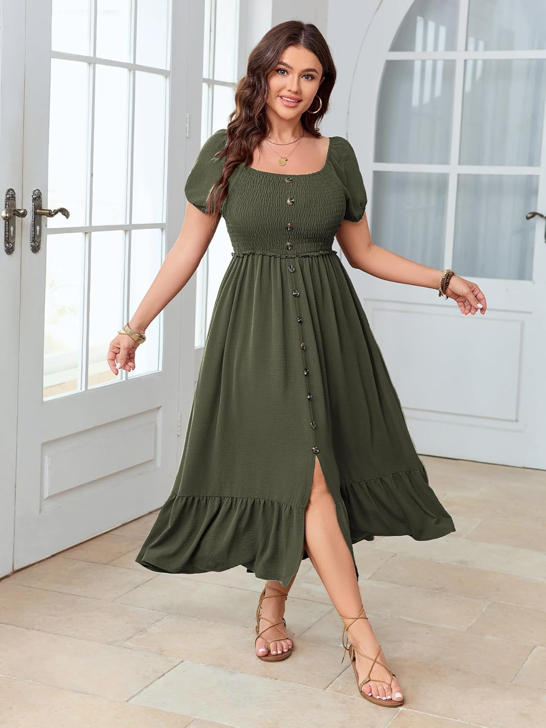 SCOMCHIC Womens Plus Size Summer Dresses Short Sleeve Square Neck Button Down Smocked Casual Ruffle Slit Maxi Boho Dress - Image 4