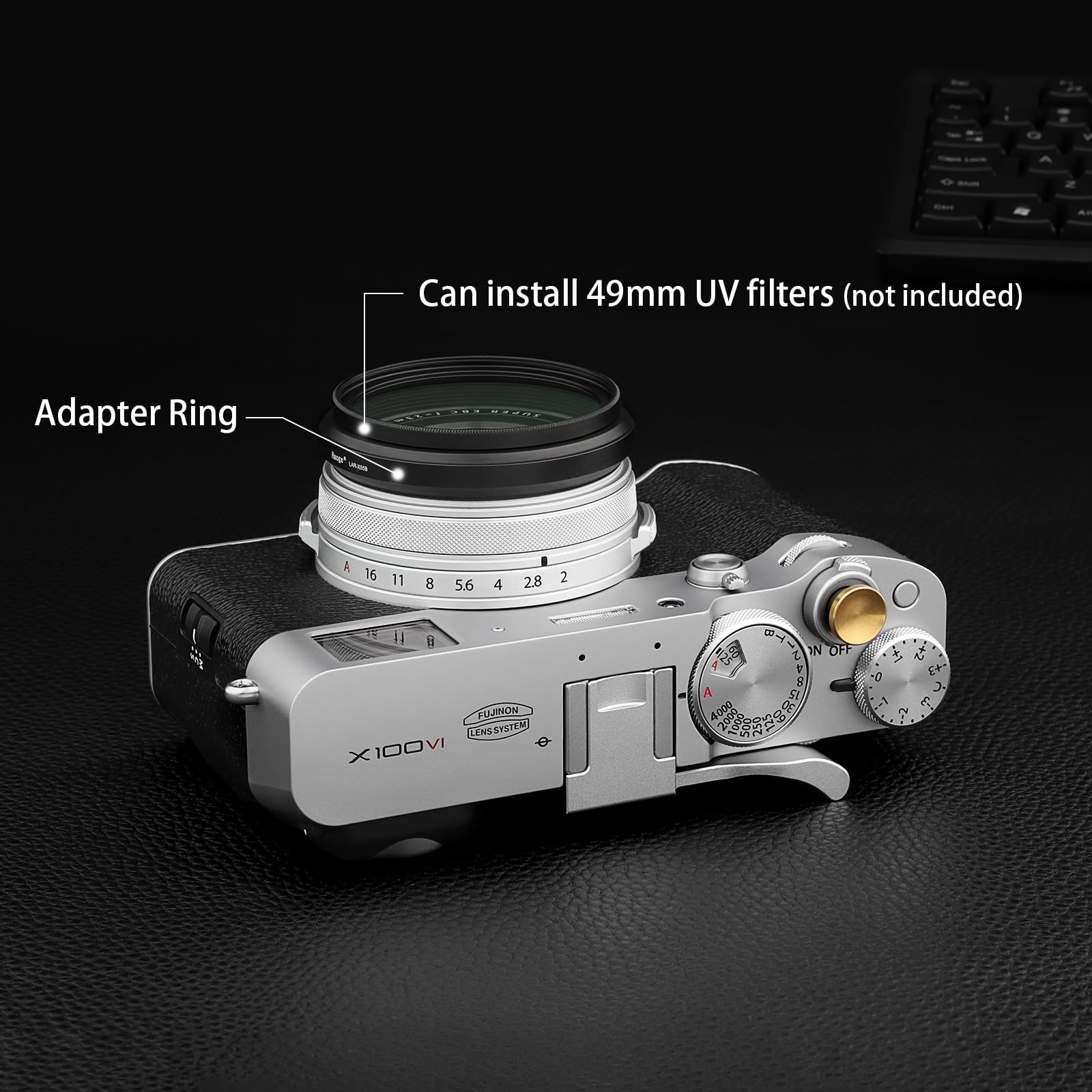Haoge Pierścień adaptera filtra 49 mm do aparatu Fujifilm Fujinon X100VI X100V akcesoria pasuje do 49 mm filtr UV CPL ND pasuje do oryginalnej osłony obiektywu, czarny LAR-X55B
