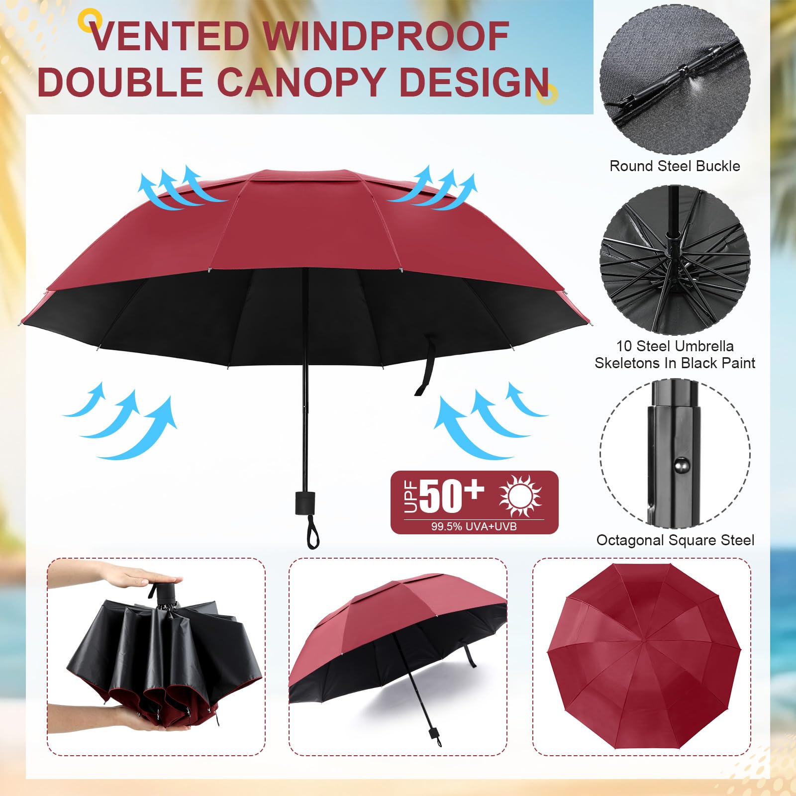 Paquete de 2 paraguas grande para silla de doble dosel con abrazadera ajustable, sombrilla para silla de playa, paraguas plegable portátil para deportes al aire libre, carrito de golf, patio