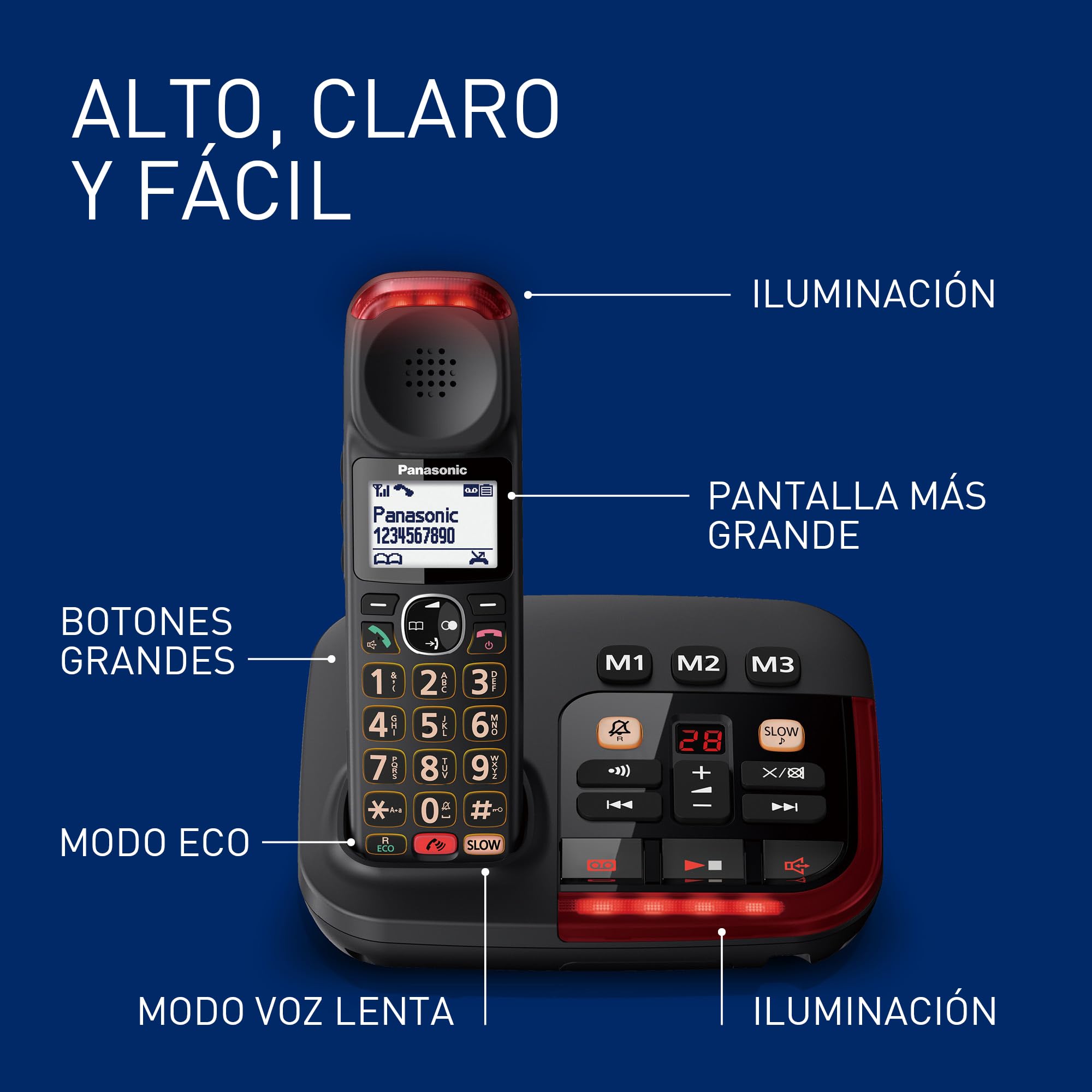 Panasonic KX-TGM420 Bezprzewodowa cyfrowa odbierająca telefon, prosta podstawowa i słuchawkowa, LCD, głośna głośność, tryb powolnej rozmowy, kompatybilny z aparatami słuchowymi, blokuje niechciane