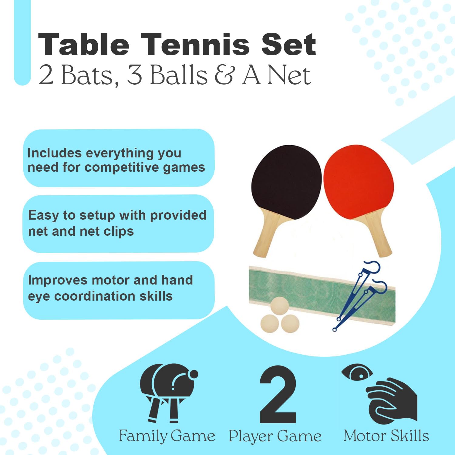 Table Tennis Set - Ping Pong Set including 2 Bats, 3 Balls, Net, 2 Net Clips, for Indoor and Outdoor Use Portable Travel Pingpong - Image 4