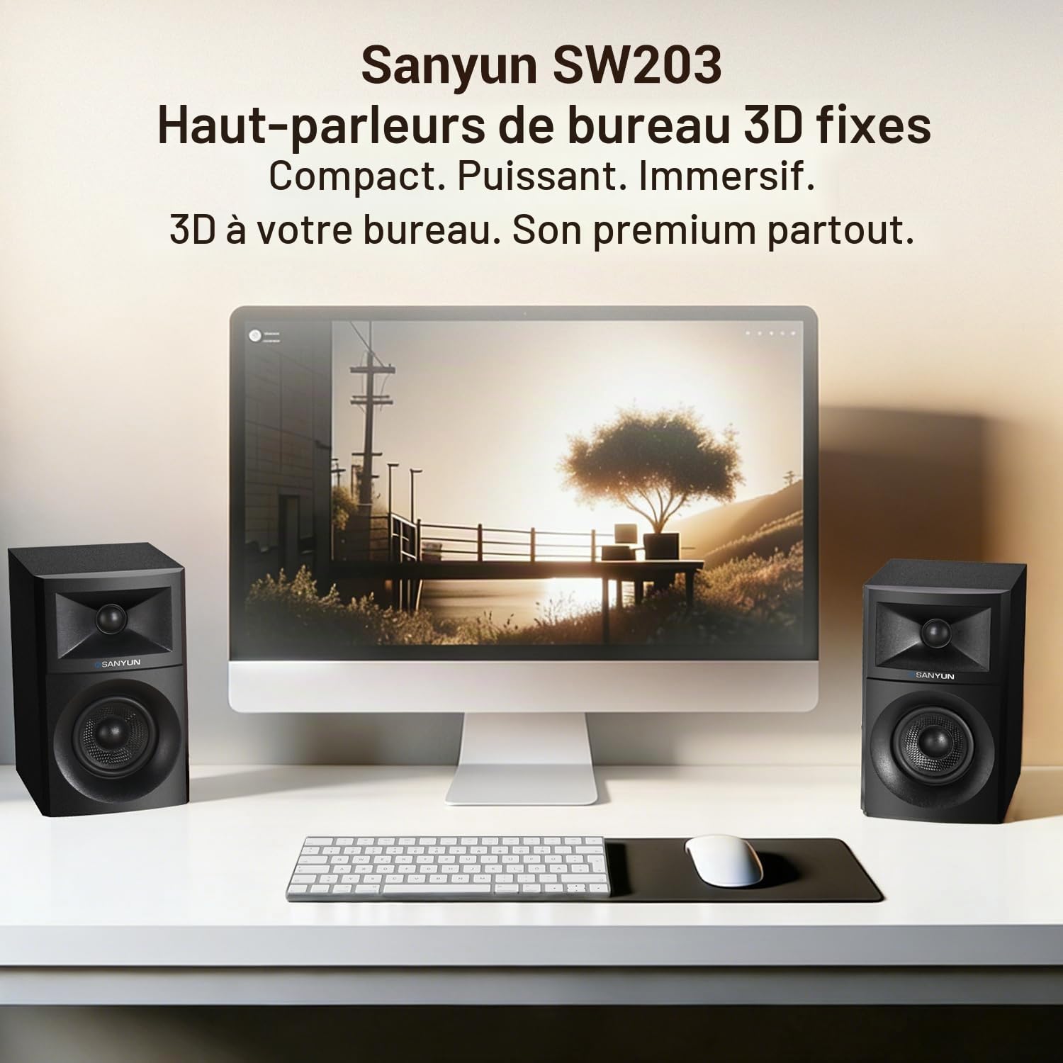 Sanyun SW203 Enceintes PC 2.0 3”, Champ Stéréo Élargi, Triple-DSP | DAC 24 bits, USB-C/Bluetooth 5.4/AUX, Woofer Fibre de Carbone 60W + Tweeter Dôme Soie, PC Bureau Gaming (Paire, Noir)