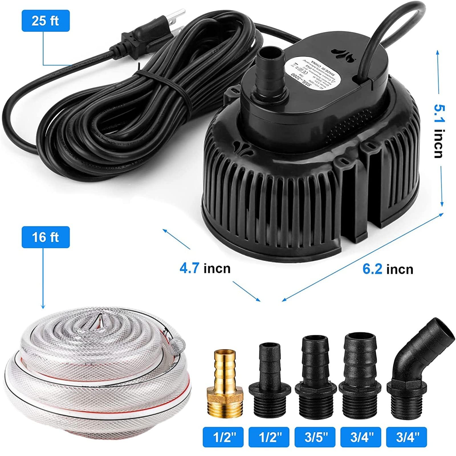 Pool Cover Pump (850 GPH) - Submersible Electric Utility Water Pumpswith 16 Foot Drainage Hose and 25 Feet Power Cord, 6 Adapters-Black