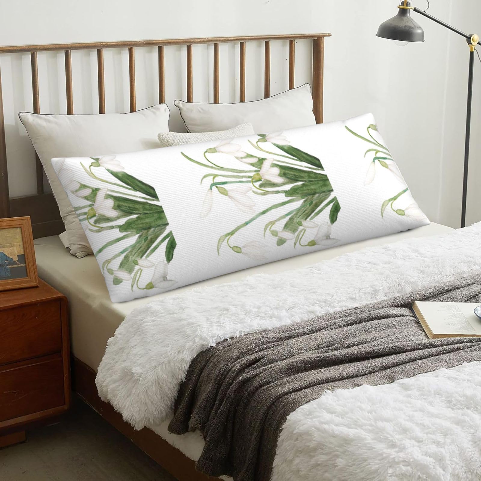 White Snowdrop Flower Botanical Watercolor Painting, Body Pillow Cover with Zipper,Long Body Pillowcase 20 x 60 in