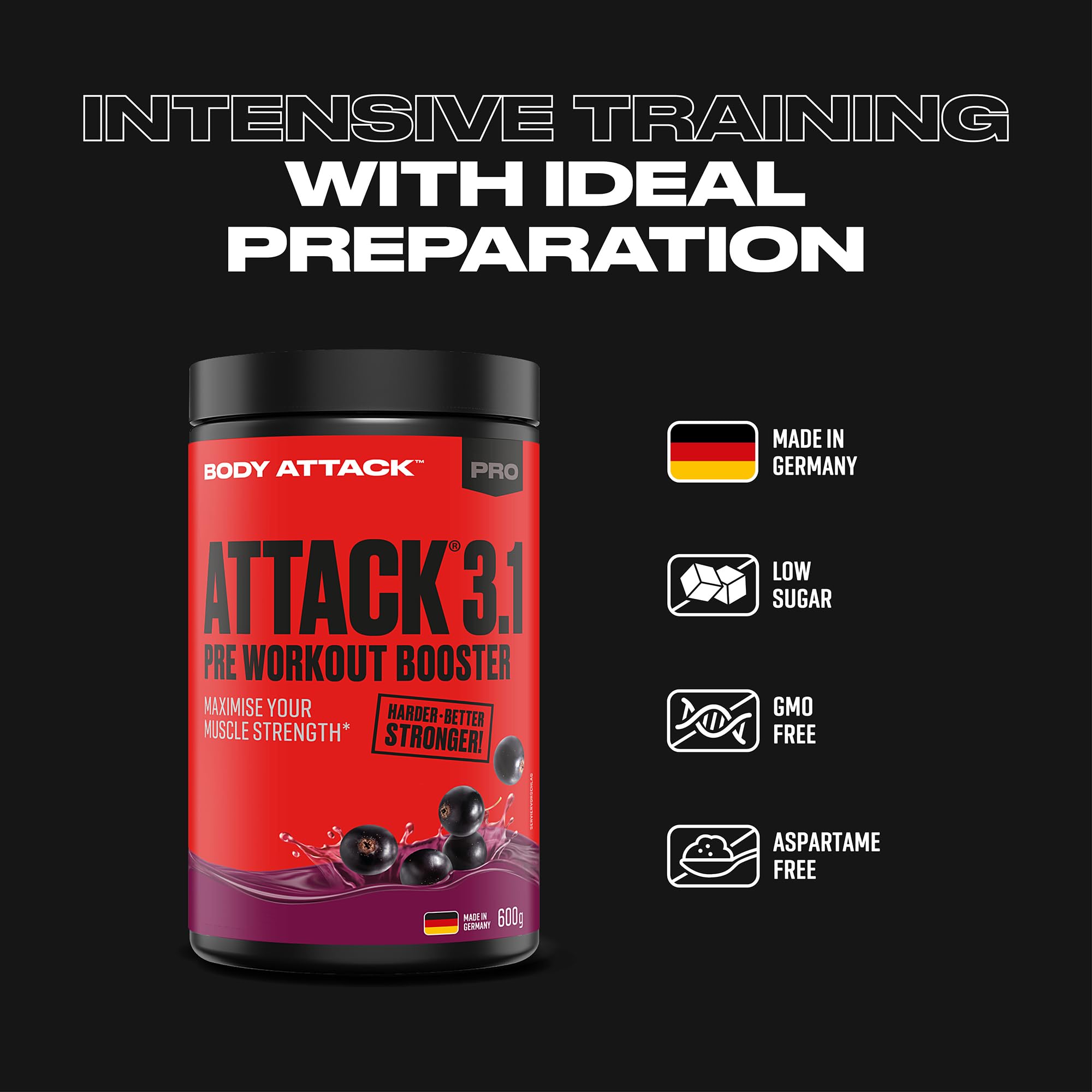 Body Attack PRE WORKOUT BOOSTER – Green Apple, 600 g - Hochdosierter Pump Booster mit Koffein, L-Arginin, Taurin & Creatin - Speziell entwickelt für Bodybuilding & Muskelaufbau Training