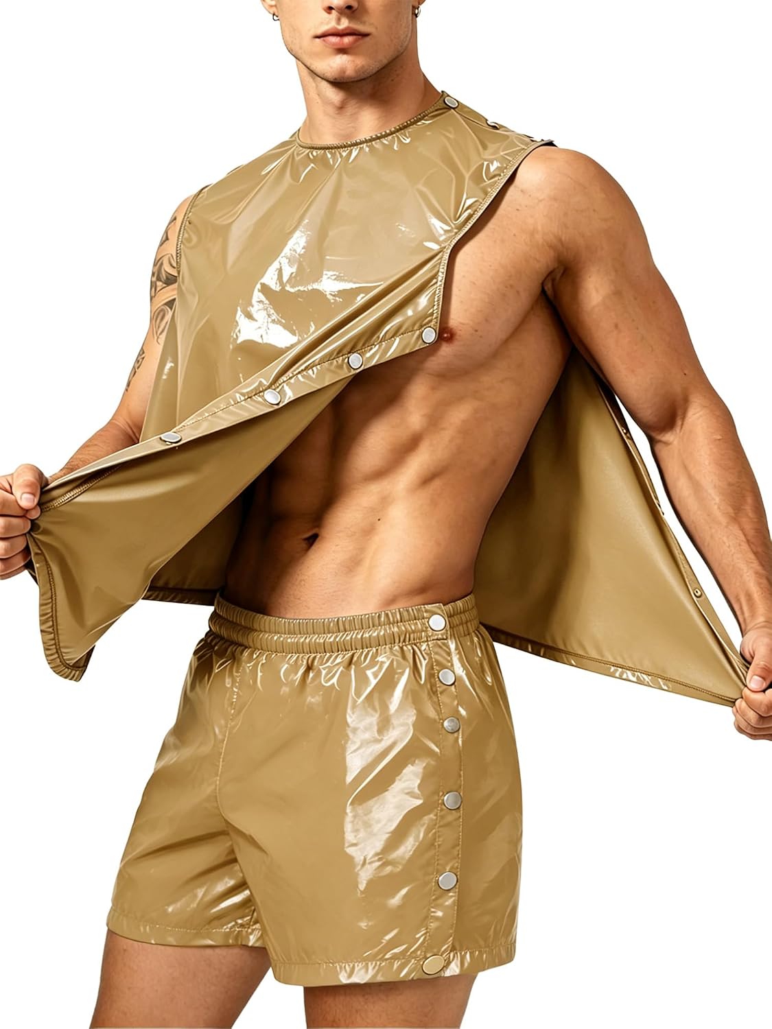 YiZYiF Mens Button Down Shirt Top and Shorts Set Loose Outfit Running Training Suit Tearaway Clothing for Golf