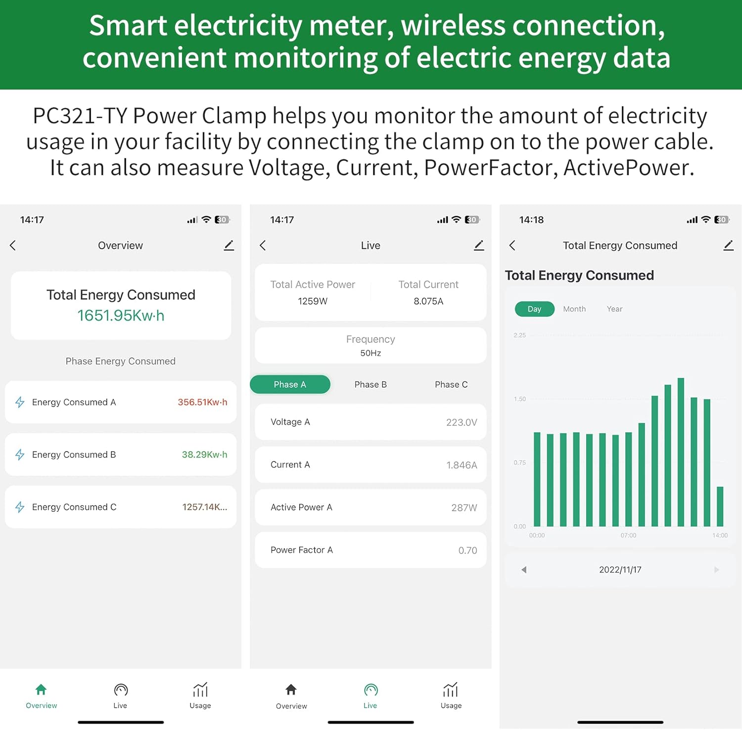 SmartLife app interface showing real-time and historical energy data
