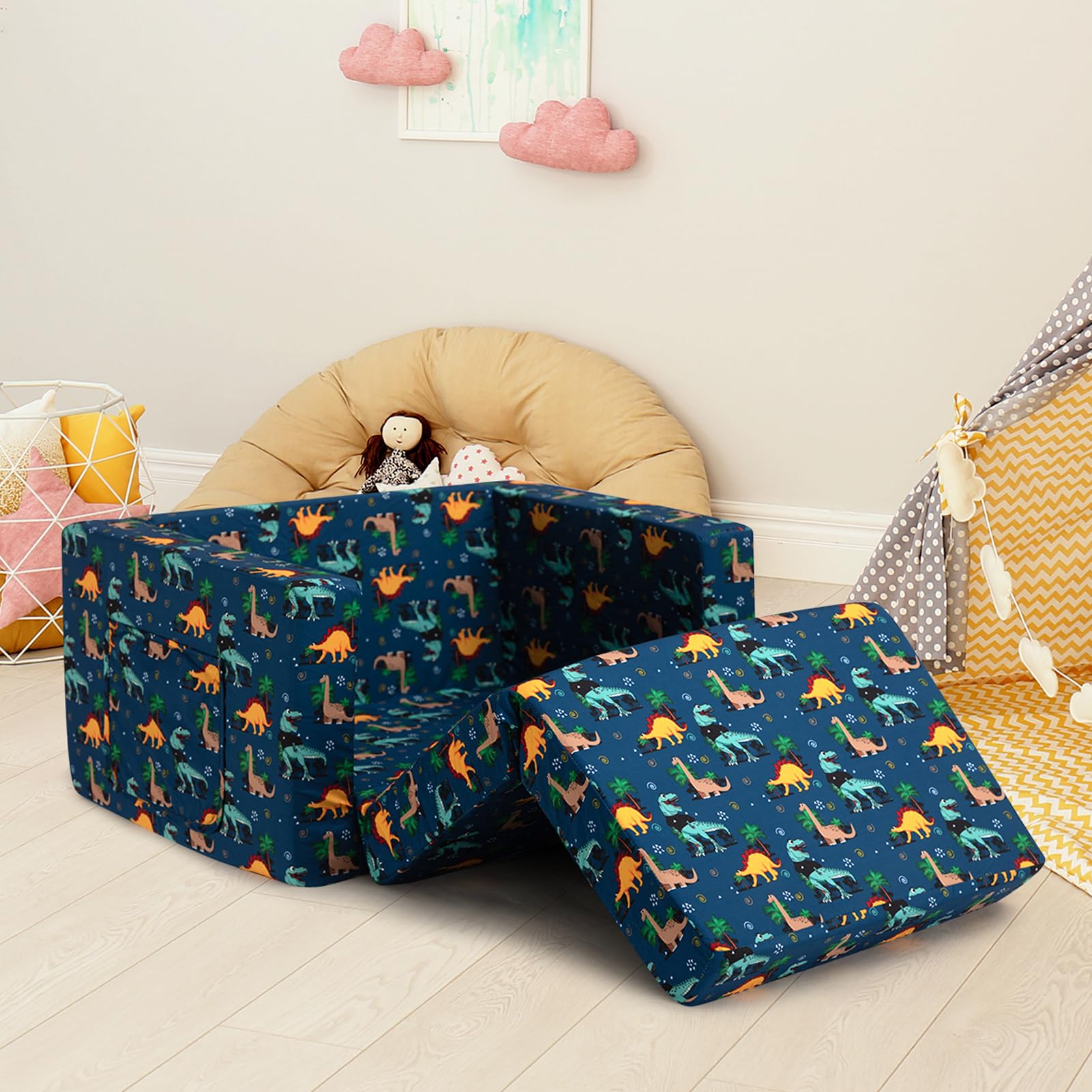 BEJOY - Divano letto pieghevole 2 in 1, poltrona per bambini,, per la cameretta, regalo di compleanno o per la giornata dei bambini, per bambine e bambini, blu marino con dinosauri