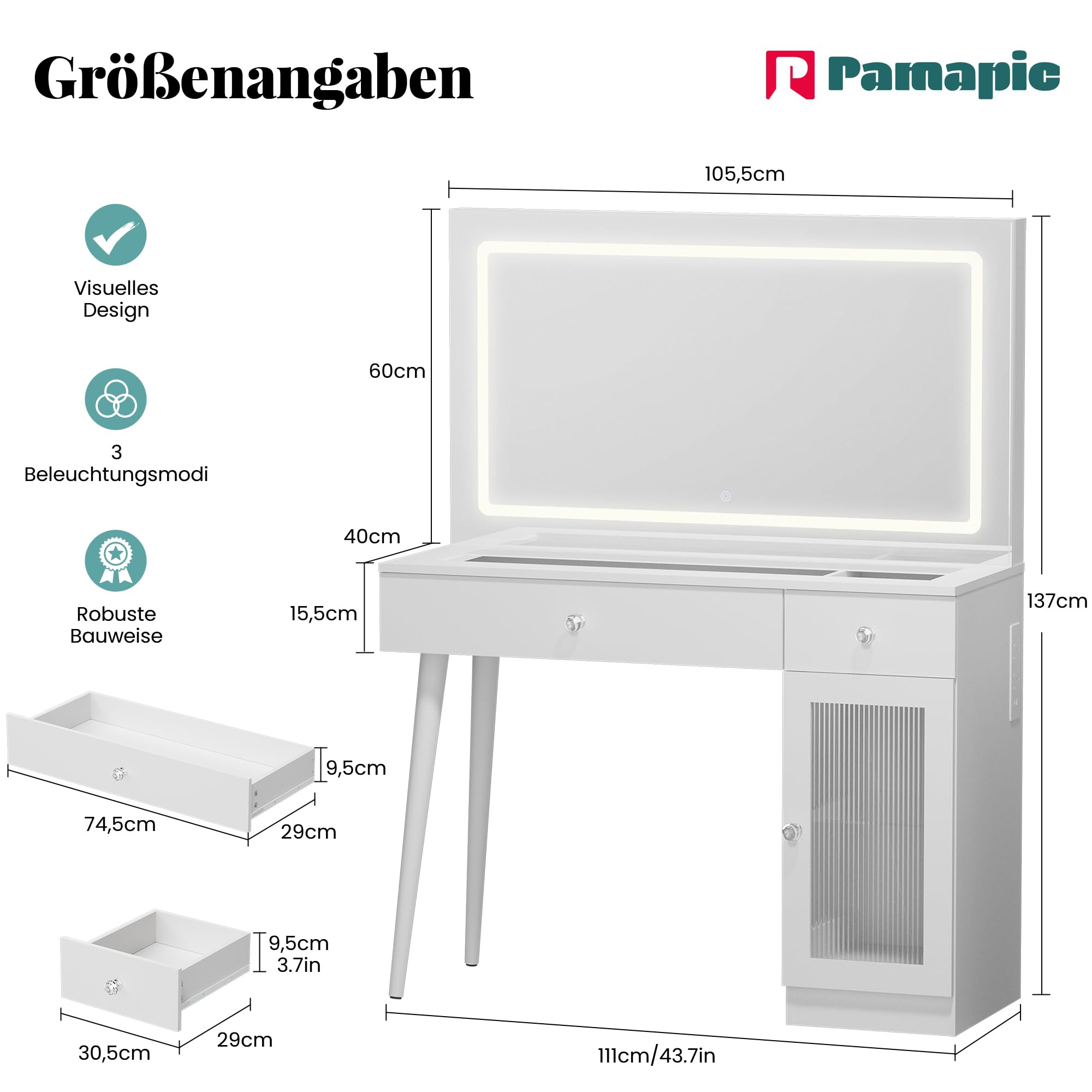Pamapic Toaletka z oświetleniem LED i gniazdem elektrycznym, stół kosmetyczny z szklanym blatem