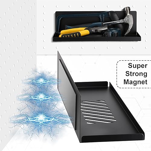 Miniatura 3 de Therwen Paquete de 4 estantes magnéticos para tablero de clavijas, organizador de pared, estante de metal con bandeja de acero, accesorios de