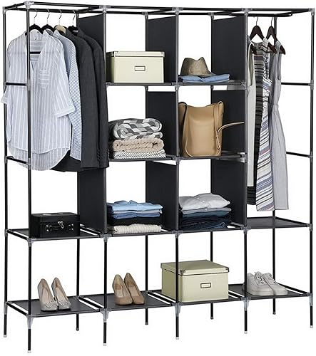 Miniatura 5 de Armario portátil de 67 pulgadas, armario para colgar ropa con 2 varillas colgantes, 12 estantes organizadores de almacenamiento de ropa, armario de