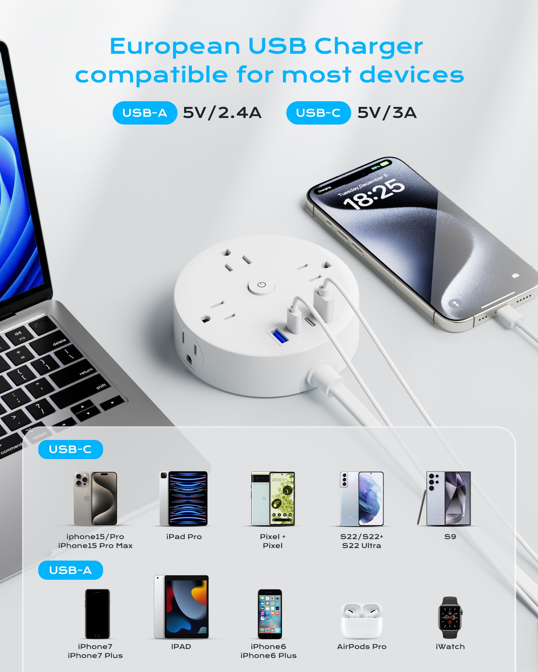 Reiseadapter EU, US-Stecker auf UK für EU/UK/US, 6 Steckdosen mit 4 USB-Anschlüssen, 5 Fuß Verlängerungskabel, Adapter