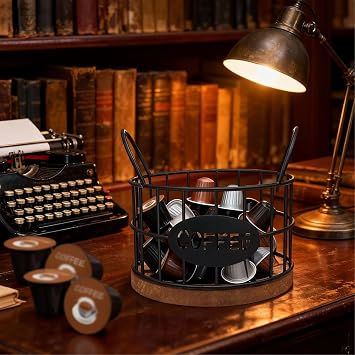 Coffee Pod Holders for Counter, K-Cup Storage Organizer with Sturdy Metal Frame and Wooden Base, Count Pod Container for Kitchen, Office, Bar Counter Desktop (Black)