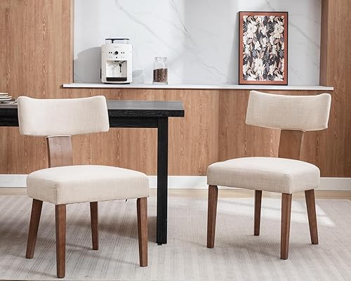 HNY Hi&Yeah - Juego de 2 sillas de comedor modernas de mediados de siglo, tapizadas de tela de lino y respaldo curvado, con marco de madera dura,