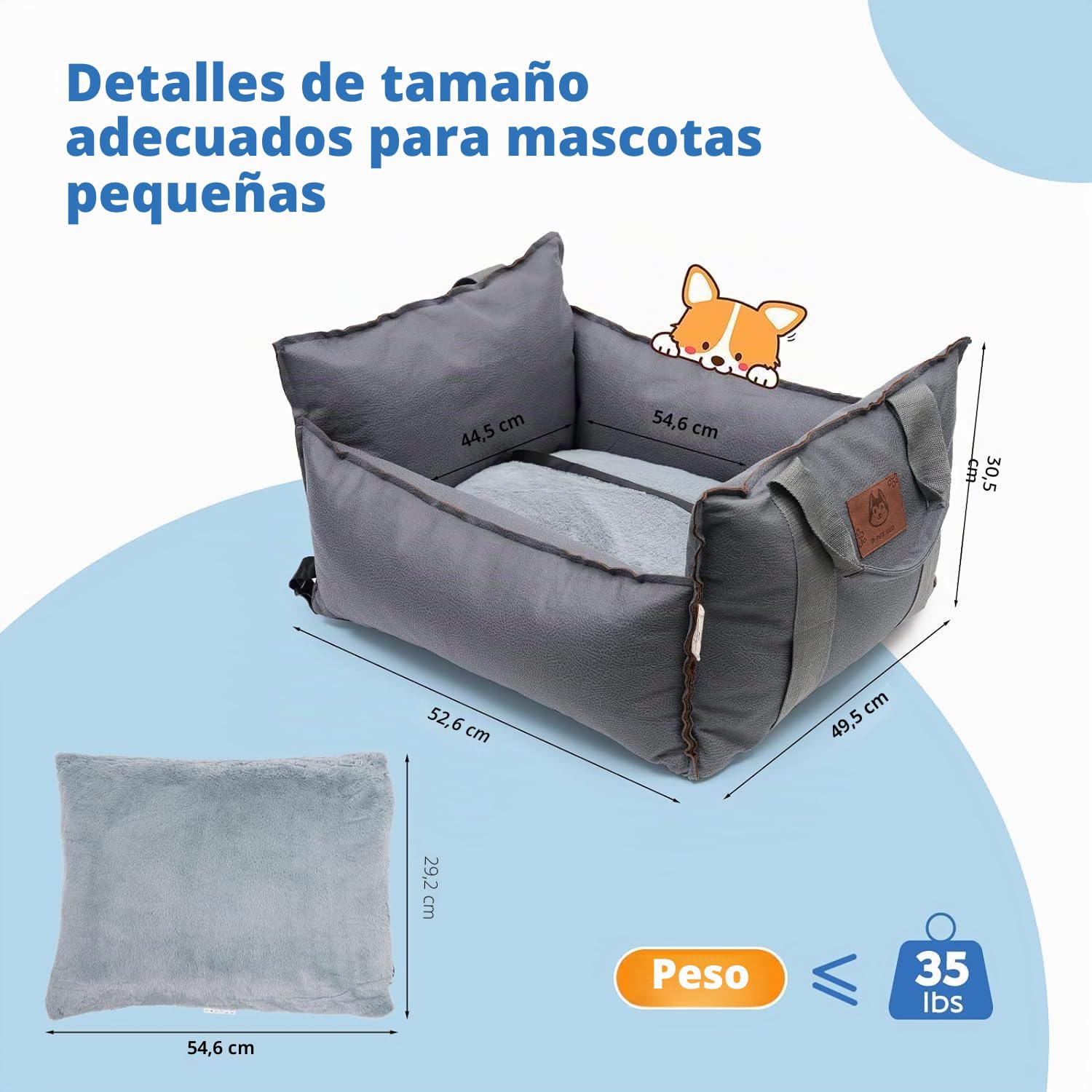 Asiento Elevador de Coche para Perros y Gatos - Cama para Mascotas de Doble Uso de Tela Versátil Cojín Grueso y Cinturón Seguridad (Azul Gris)