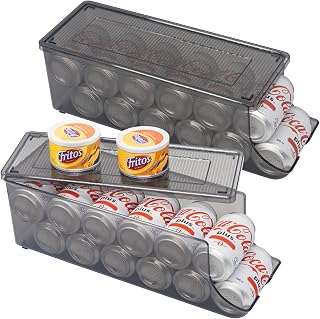 Soda Can Organizer for Refrigerator, 2 Pack Stackable Can Holder Dispenser with Lid Canned Food Pop Cans Container for Fridge Rack Freezer, Plastic Storage Bins, Holds 12 Cans Each (Grey)