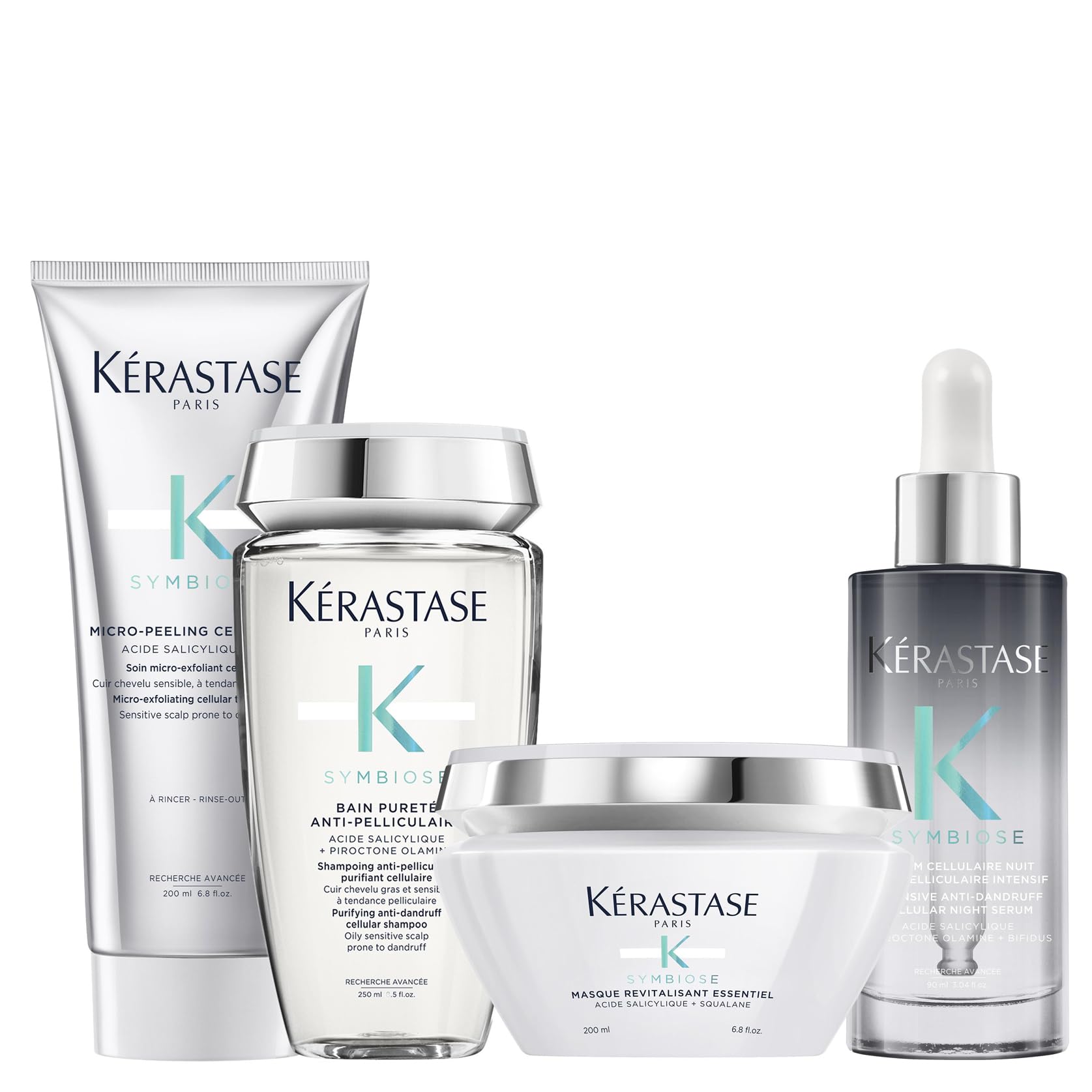 Kérastase Symbiose, Rutina Exfoliante y Purificante, Exfoliante, Champú anticaspa, Mascarilla Nutritiva y Sérum reequilibrante, Para cuero cabelludo sensible