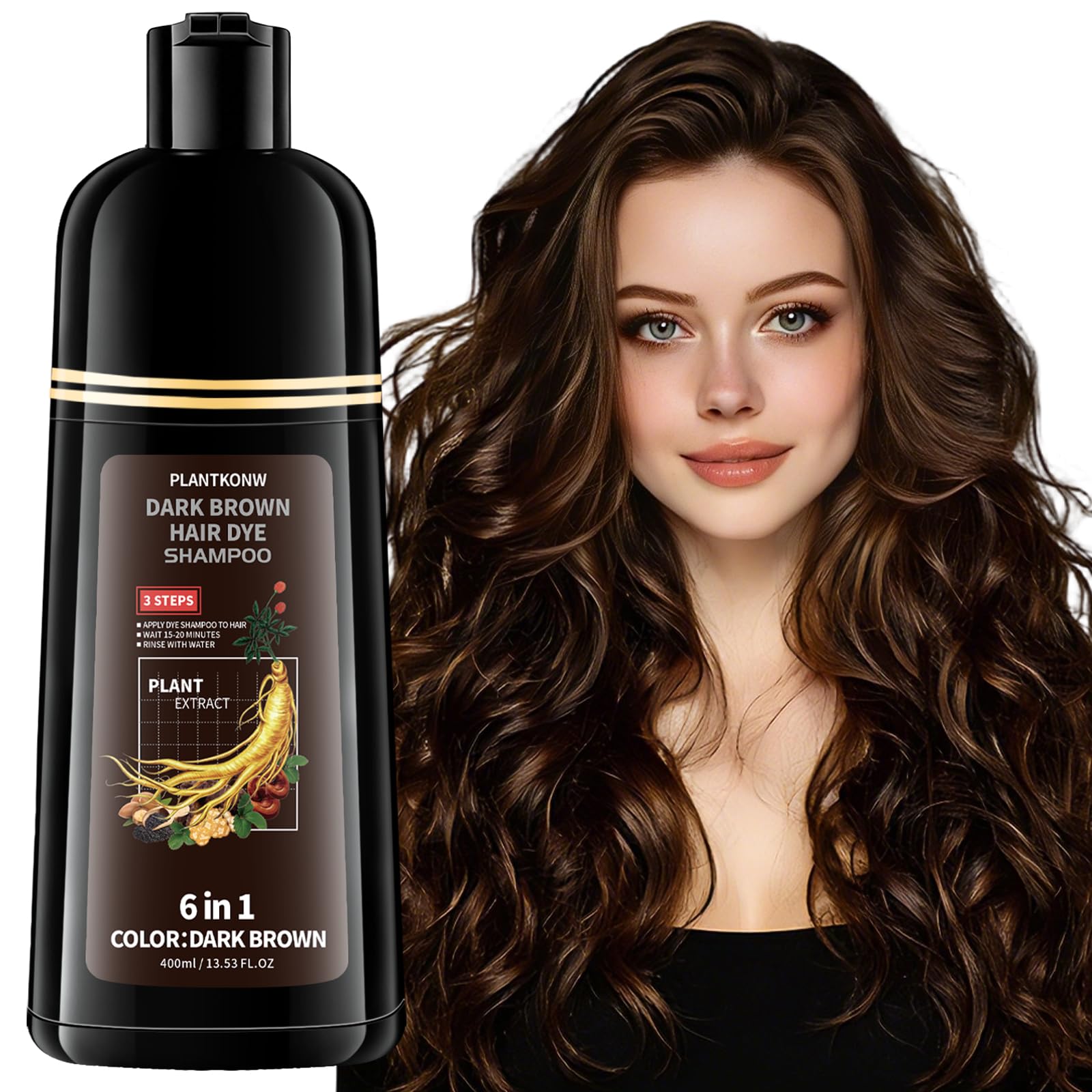 Photo 1 of Plantkonw Dark Brown Hair Dye Shampoo, 6 In 1 Semi Permanent Hair Color Shampoo for Gray Coverage, Natural Hair Dye for Women & Men, Ammonia & Paraben Free