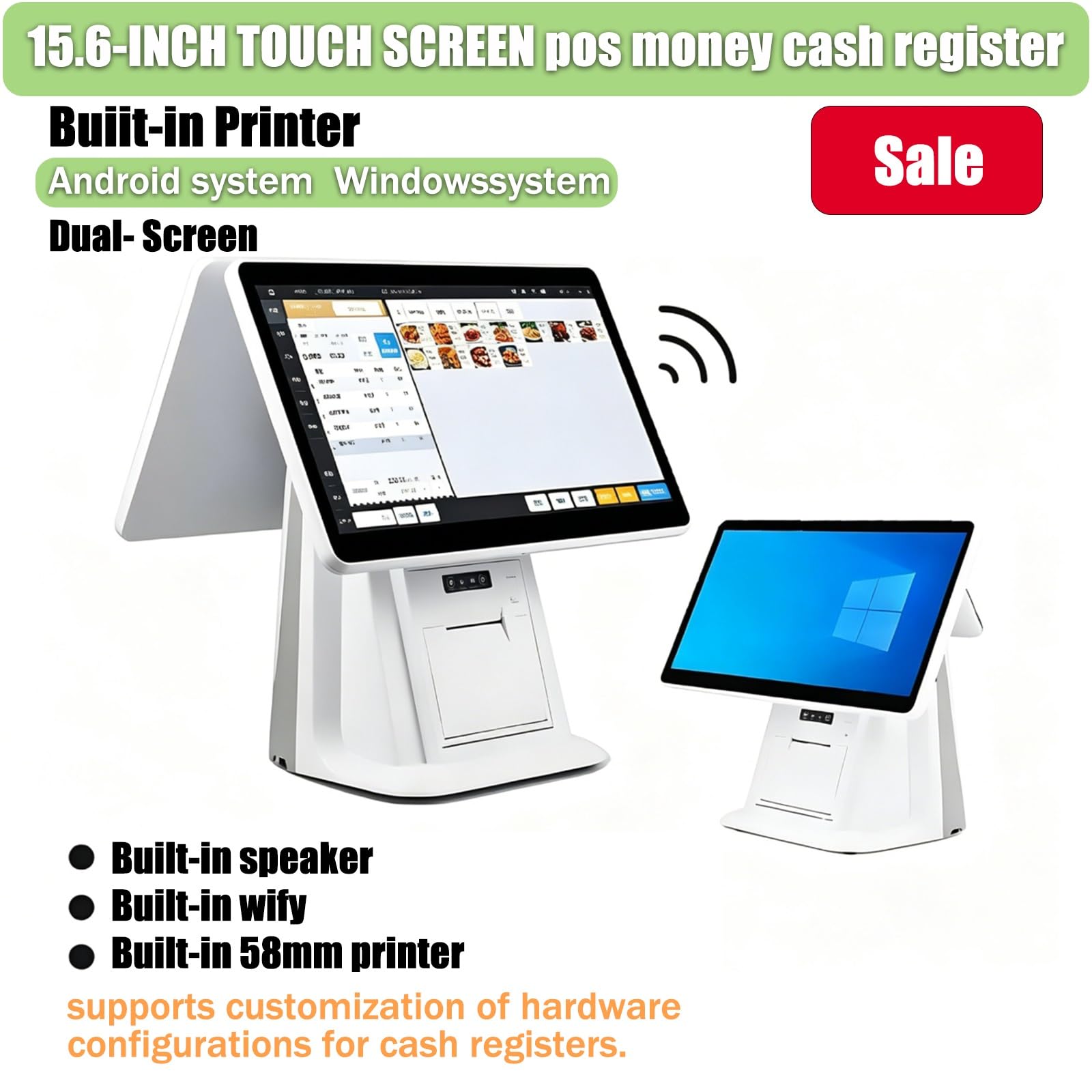 Caisse Enregistreuse Professionnelle,Imprimante Thermique,15,6" Écran Tactile Multi-Angle,8G+128Go + Processeur Dual-Core,Supermarché/Café Double