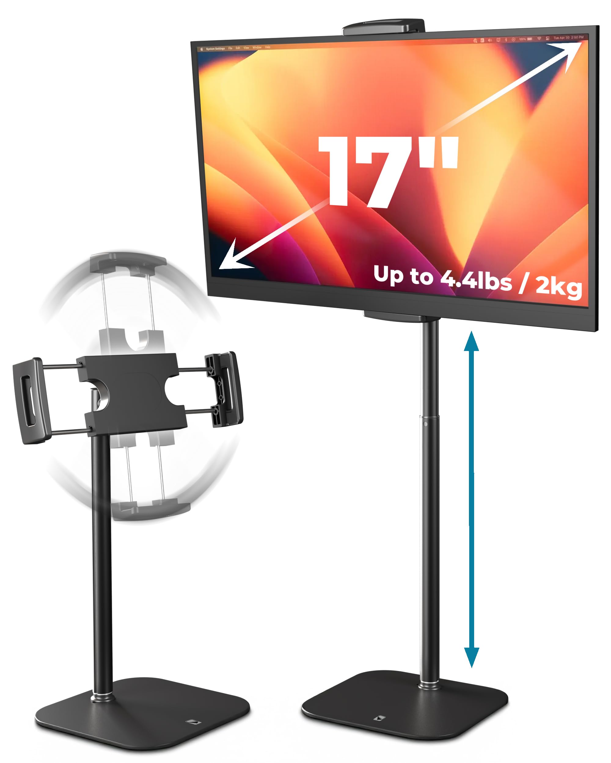 COOPER TabStand, 20" Tall iPad Stand for Desk, Portable Monitor Holder up to 17" Holds 4.4lb, Desktop Tablet Stand, Tablet Mount, Apple iPad Holder for Desk, for Samsung, Kindle, Fire (Night Black)