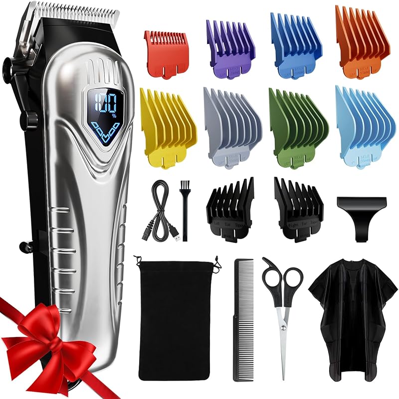 Low Noise Hair Clippers for Men & Women with 10 Color Guide Combs | Cordless Hair Cutting Kit with Carbon Steel Blade, 10 Guide Combs, LED Display, Scissors and Cape, 5H Runtime, Gifts for Men