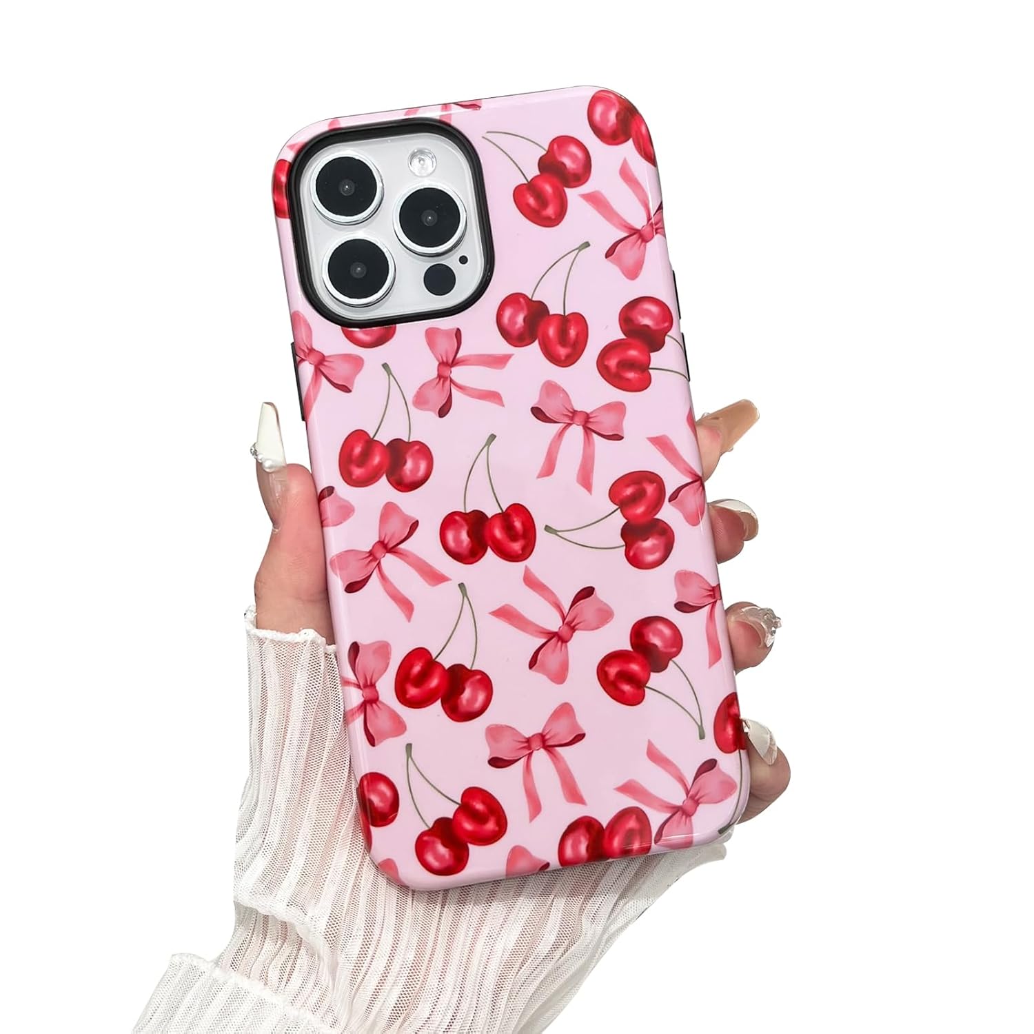 Compatible with iPhone 15 Case Cute Pink Cherry Bow Case with Shockproof Slim Soft TPU and Hard PC