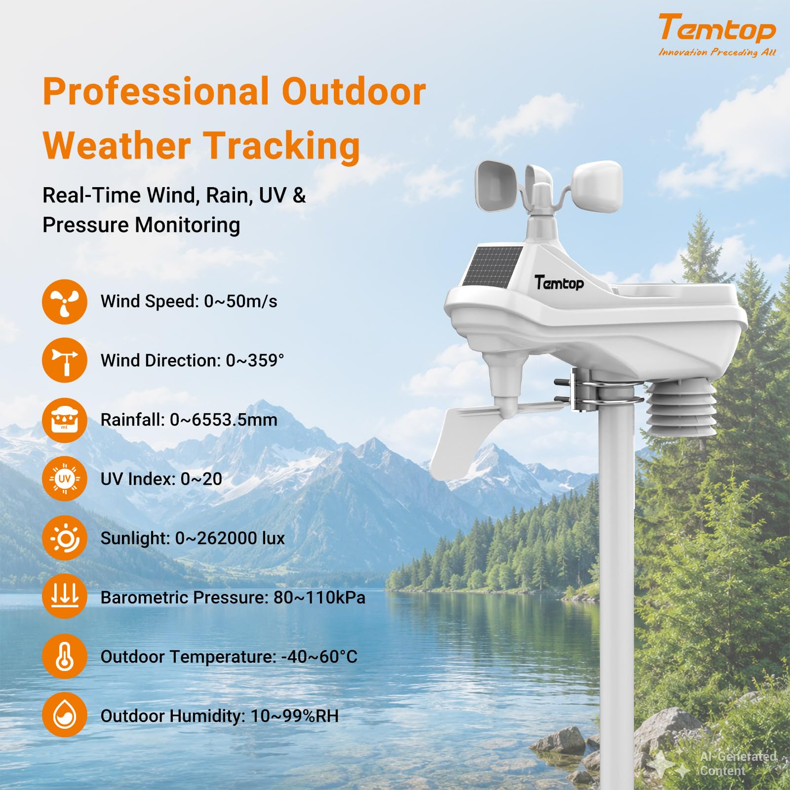 Temtop Stazione Meteo WiFi Interno/Esterno 7" Touchscreen W100, Monitor Qualità dell'Aria PM2,5 PM10 CO2 TVOC, Pluviometro, Velocità e Direzione del Vento, UV, Previsioni AQI