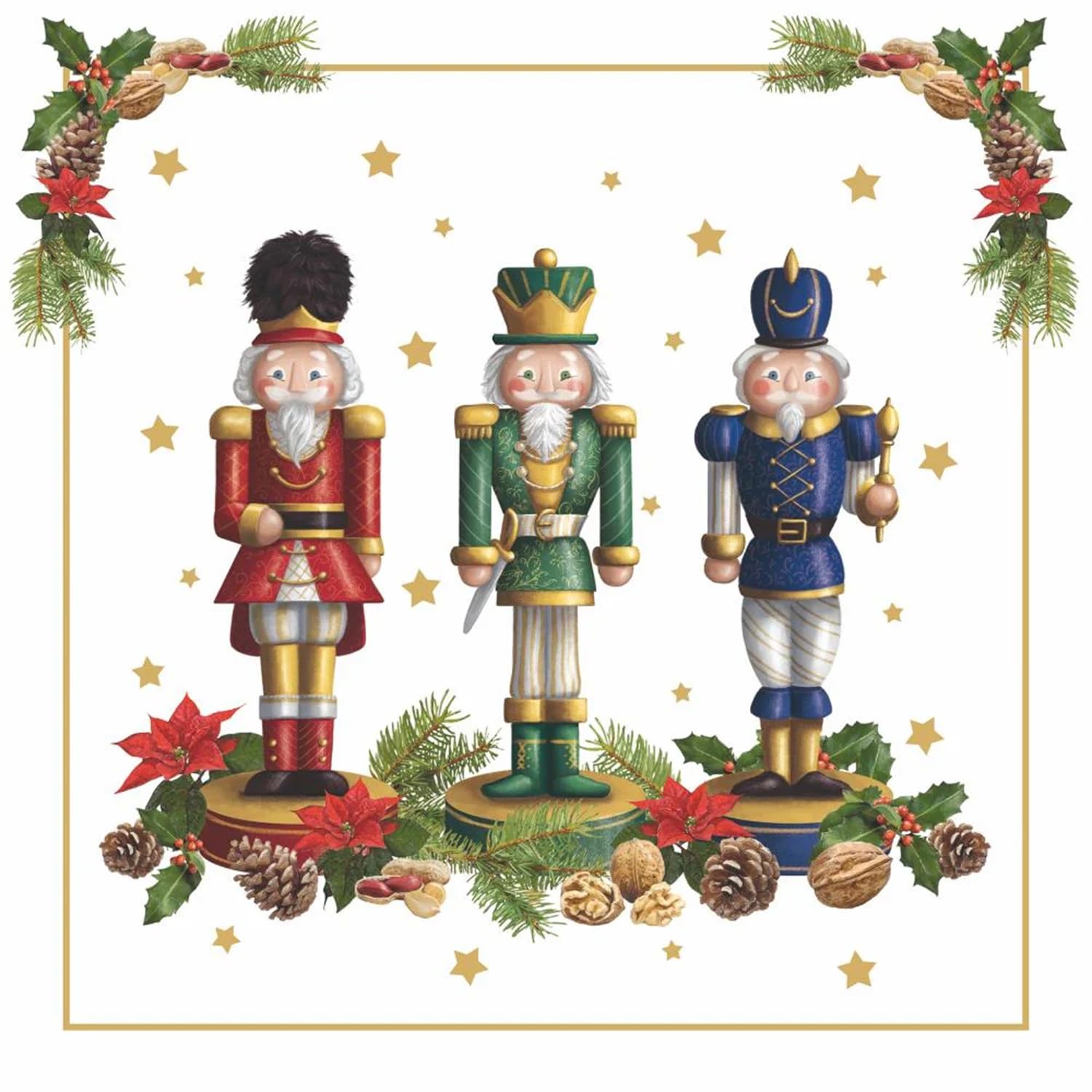 Tovaglioli natalizi per bevande, motivo schiaccianoci per feste, cocktail party, design rosso, verde e oro, 3 veli, 12,7 x 12,7 cm, 40 pezzi