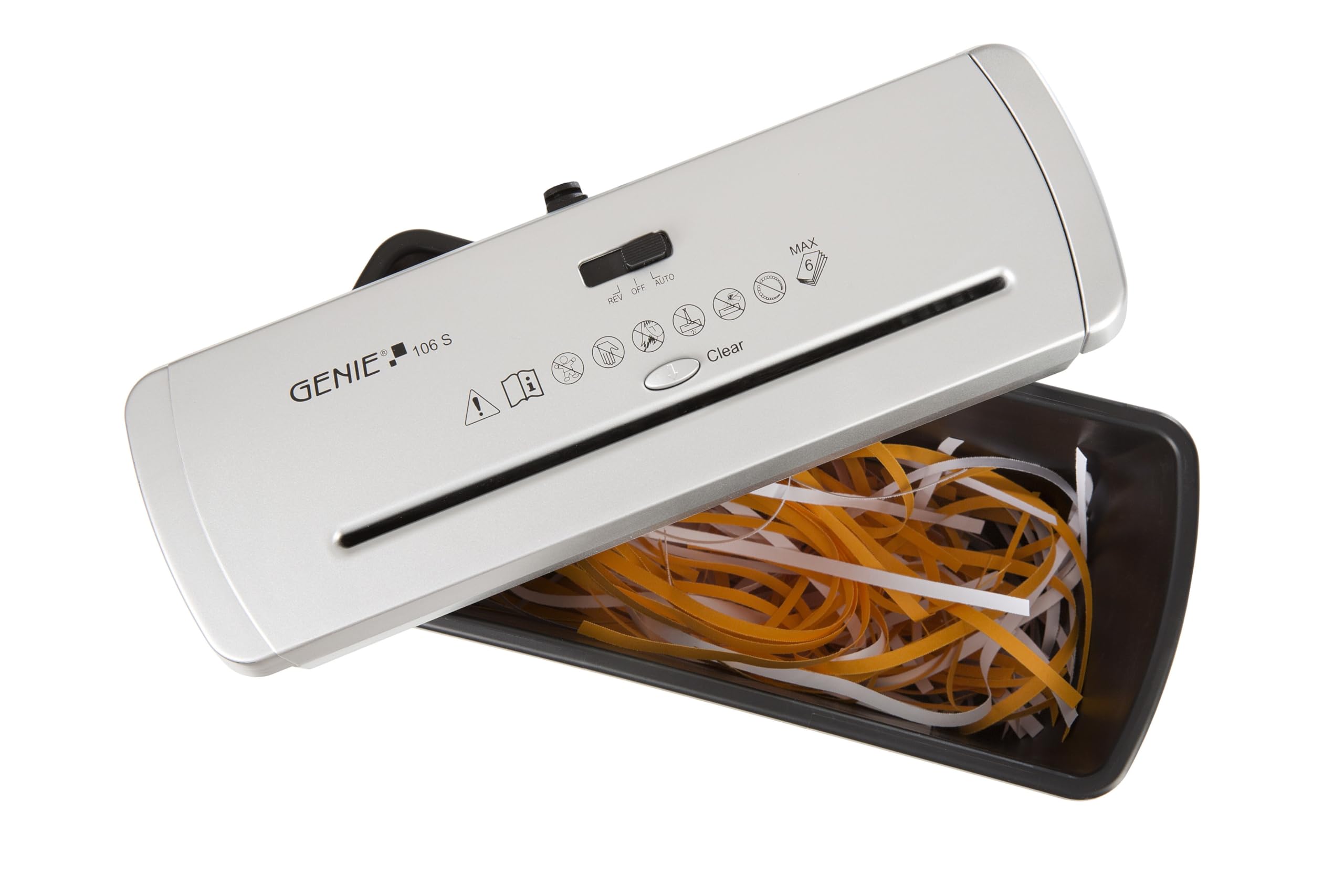 Genie 106 S Silber Aufsatz-Aktenvernichter mit Teleskoparm für jeden Papierkorb (bis zu 6 Blatt, Streifenschnitt, inklusive Papierkorb) Schwarz