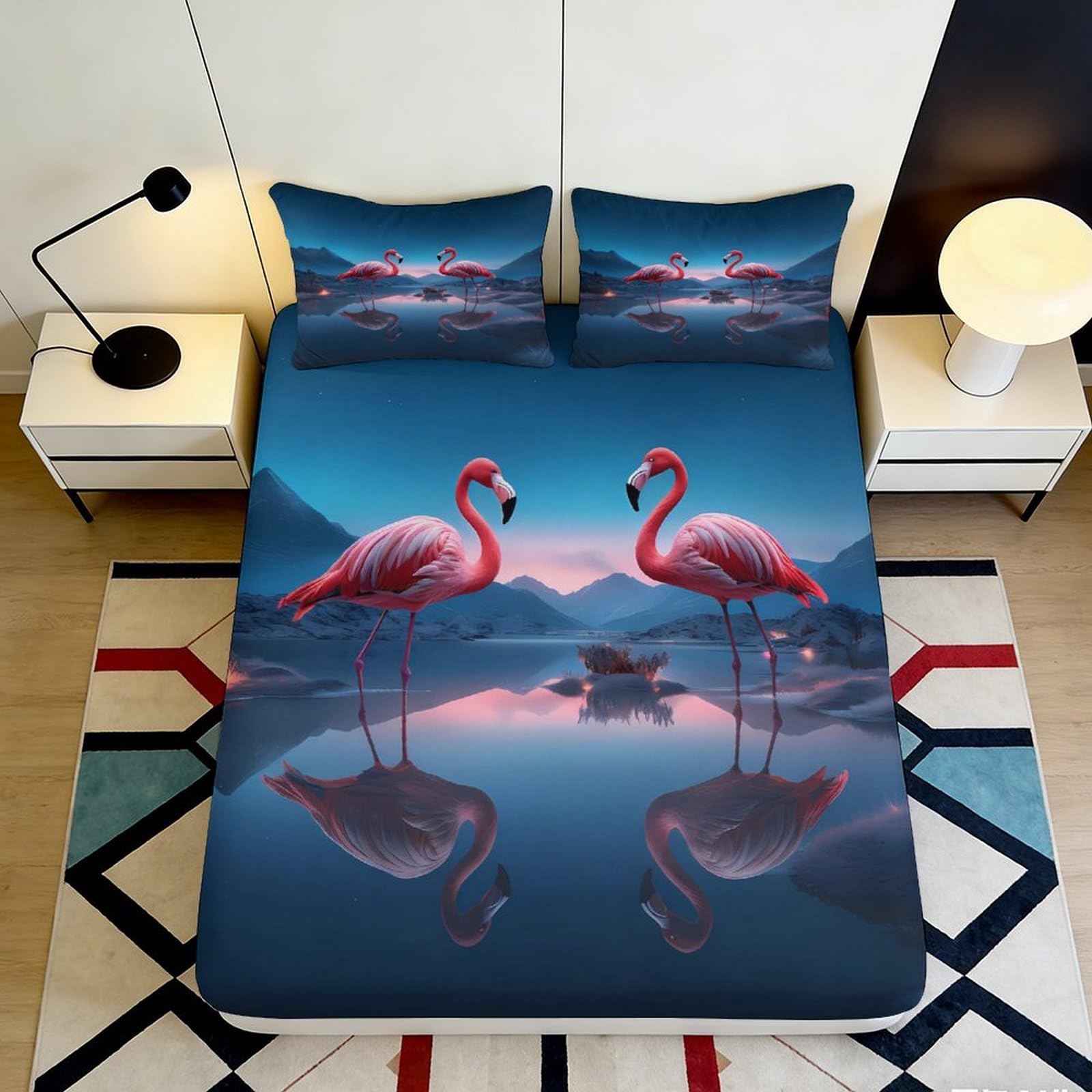 3D Printed Flamingo Lake Fitted Sheet Microfiber Non-slip Mattress Cover for Bedroom Dorm Easy Care Decor 90x200x25cm