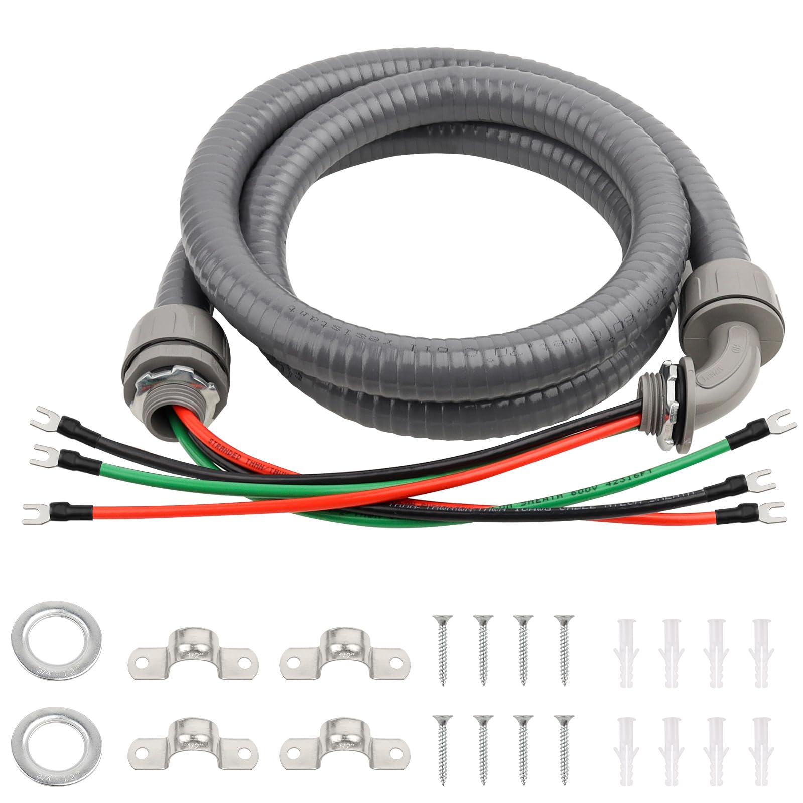 1/2 Inch AC Whip Assembly Kit 6 FT with Terminal, Non-Metallic Liquid Tight Electrical Conduit with 10/3 Gauge THHN Wire for Heater, Air Conditioner,