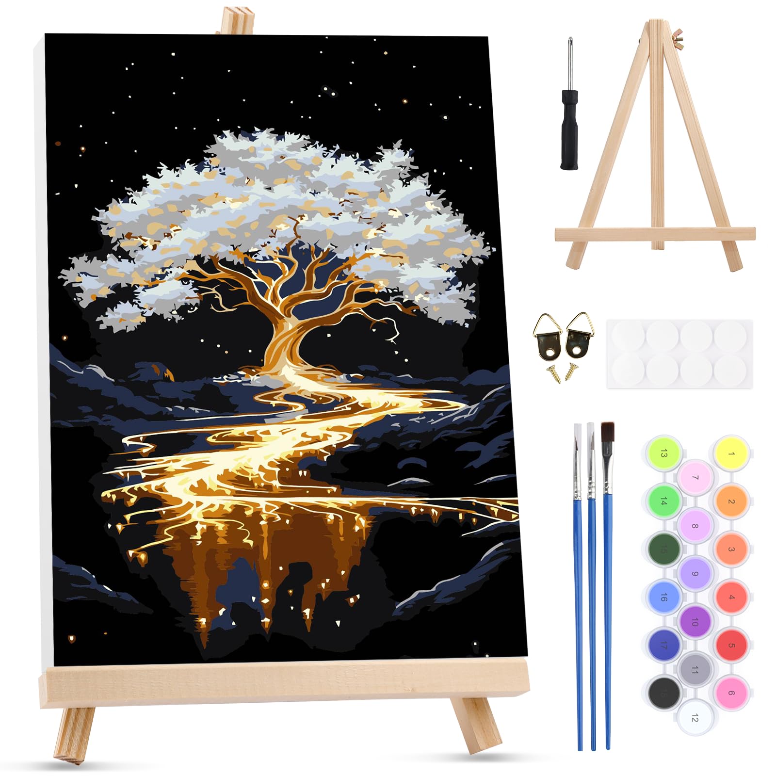 MXJSUA White Tree Framed Paint by Numbers for Adults Beginners, Easy Adults' Paint-by-Number Kits on Canvas with Easel, Acrylic Number Painting Crafts Gifts for Home Decor, 20x30cm