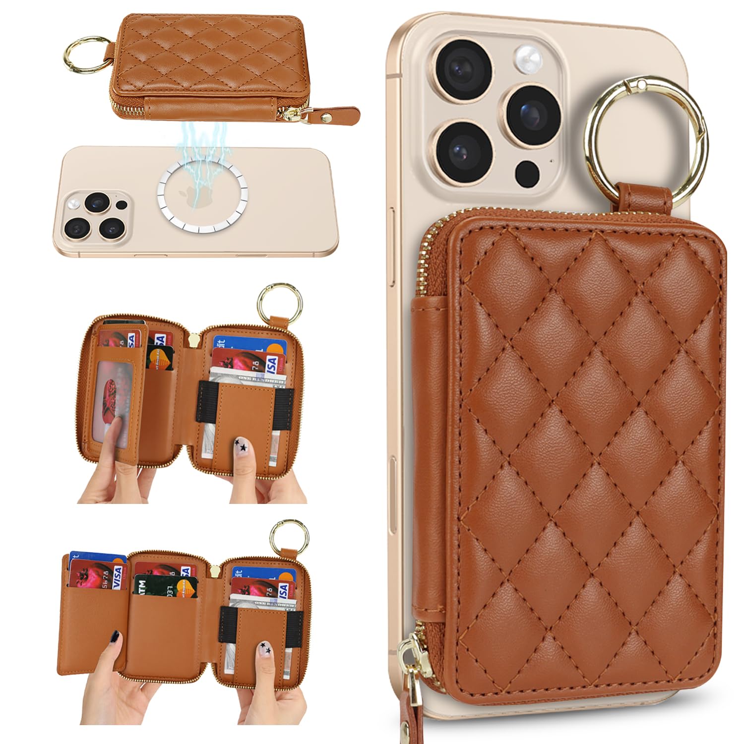 Compatible with MagSafe Wallet,Magnetic Phone Wallet Card Holder for iPhone 16 Pro Max/15 Pro/14 Plus/13/12 Series,Leather Zipper Pocket Adjustable Stand-Brown, A-Brown-image-8