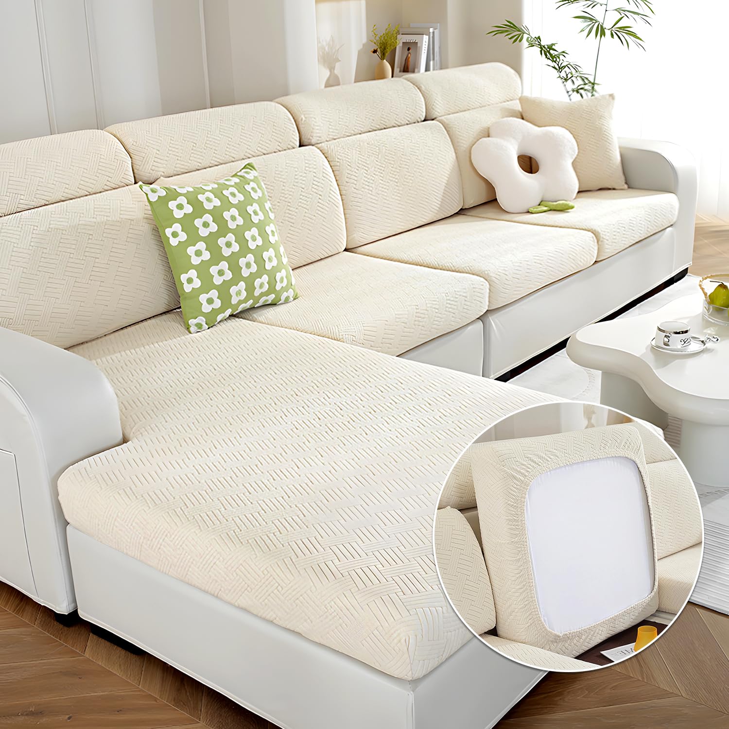 Couch Cushion Covers, Couch Covers Magic Sofa Covers Washable Stretch Resistant Slipcovers for Sectional and L Shaped Seats Furniture Protectors for Pets (1 Seat Cover, Beige)