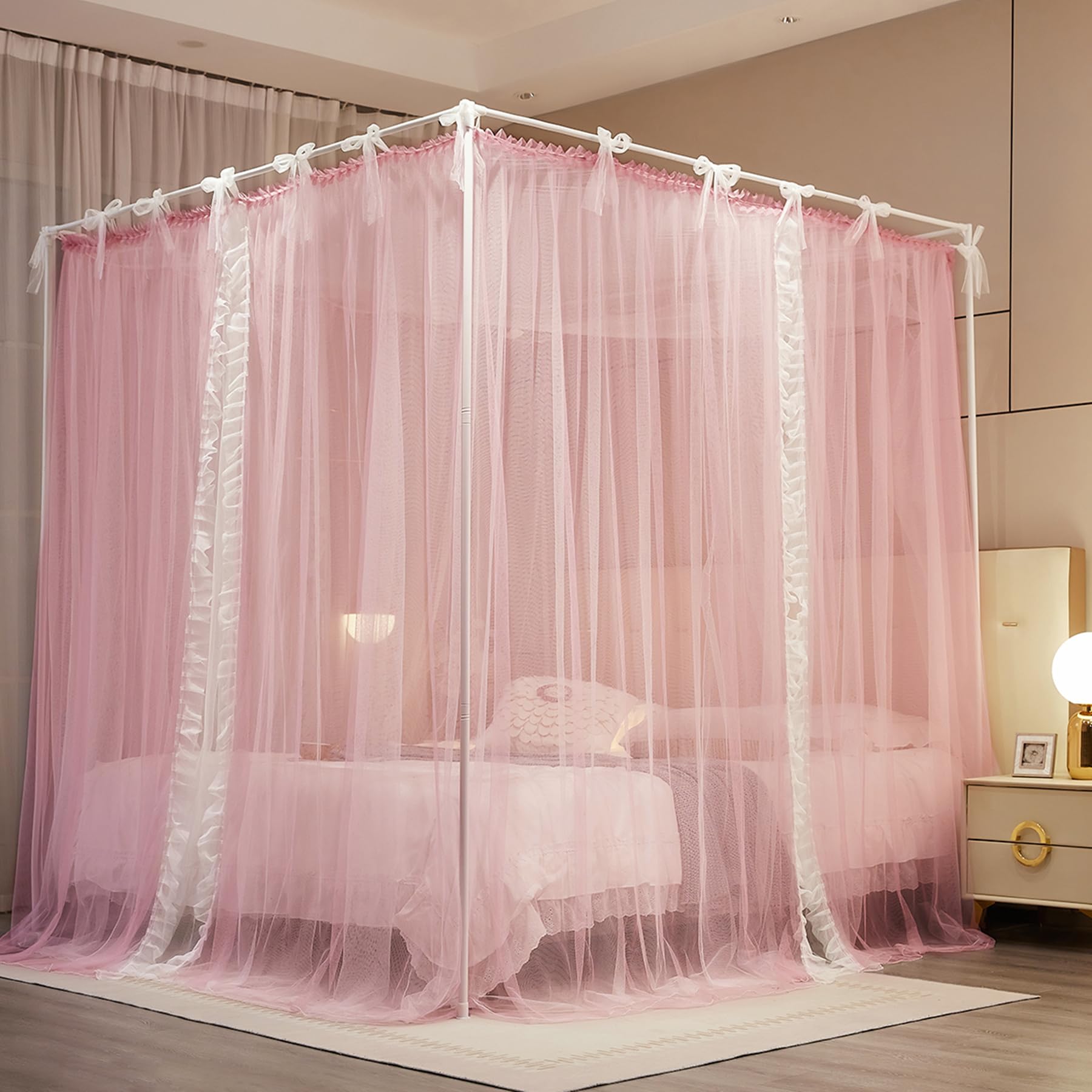 Vorhang mit 4 Ecken, Betthimmel, Schnürung, Moskitonetz, Netzgewebe und doppellagig, für Schlafzimmer-Dekoration (Rosa/Weiß, 134,6 x 198,1 x 208,3 cm (B x L x H)