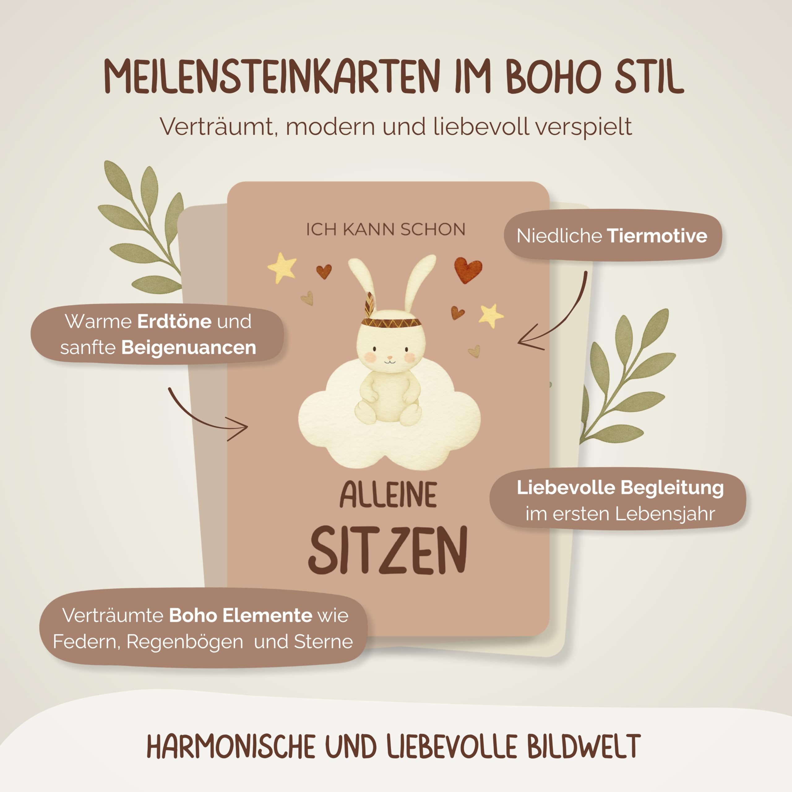 Meilensteinkarten Baby [Boho] 60 Monatskarten mit beschreibbaren Rückseiten – inkl. Geschenkbox und Holzaufsteller – Geschenk zur Schwangerschaft, Babyshower und Geburt
