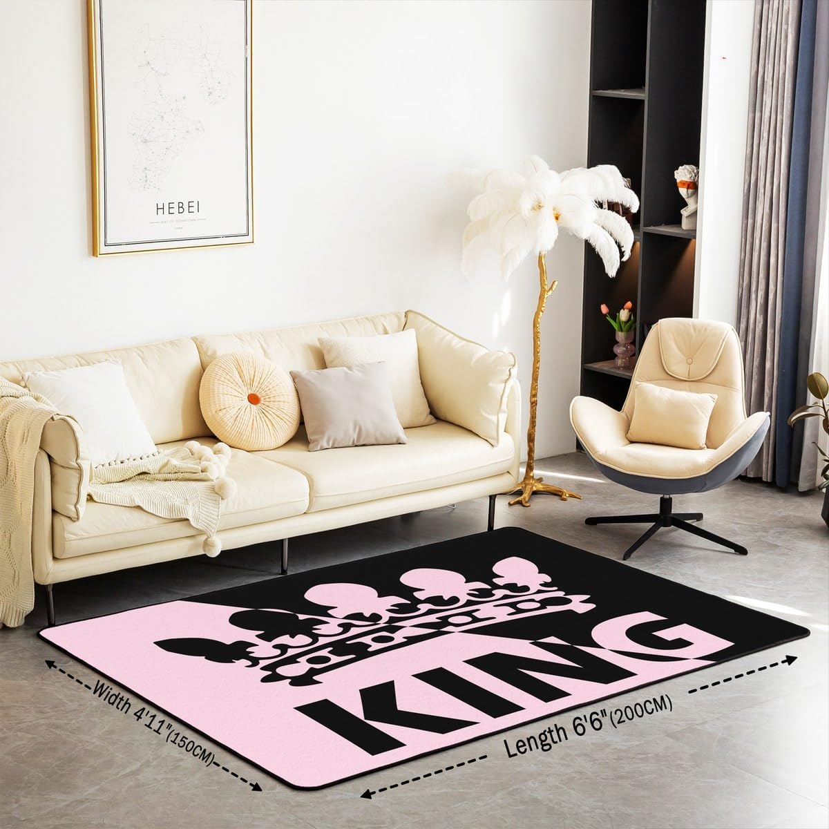 jejeloiu Kids King Print Living Room Rugs for Bedroom Crown Pattern Area Rug 3x5 for Boys Girls Bedroom Decor Pink and Black Decor Carpet Modern