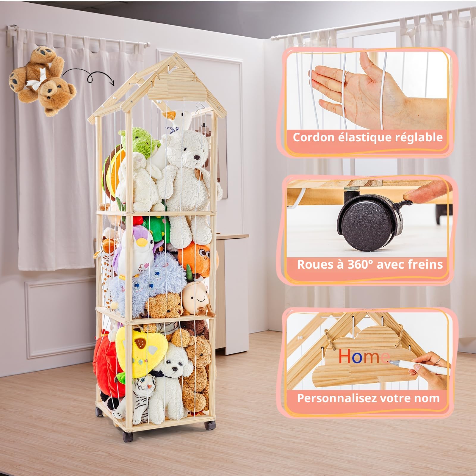Rangement Peluche de Enfant, Range Peluche en Bois Roues équipées d'un Frein à 360°, 150 * 40 * 40cm Meuble Rangement Jouet Enfant pour Chambre d'enfant, Salle de Jeux, Salon, etc.
