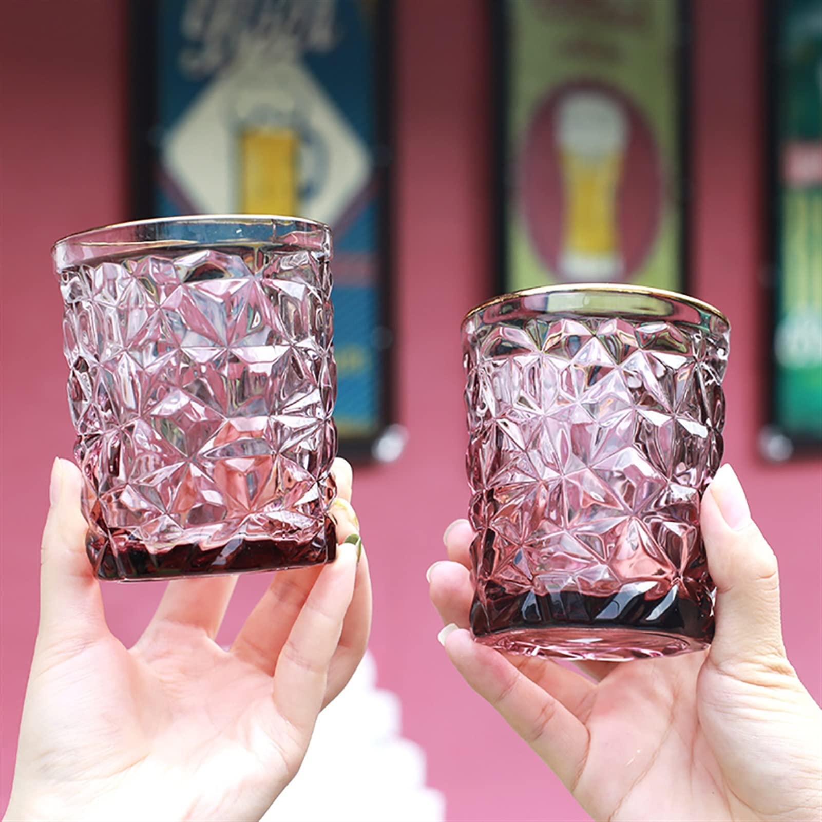 Glas Kaffeetassen 2er Set Diamant Form Trinkgläser Wein Whiskey Cocktail Saft Glas Rot Glastasse mit Goldenem Rand Glas Kaffeetassen