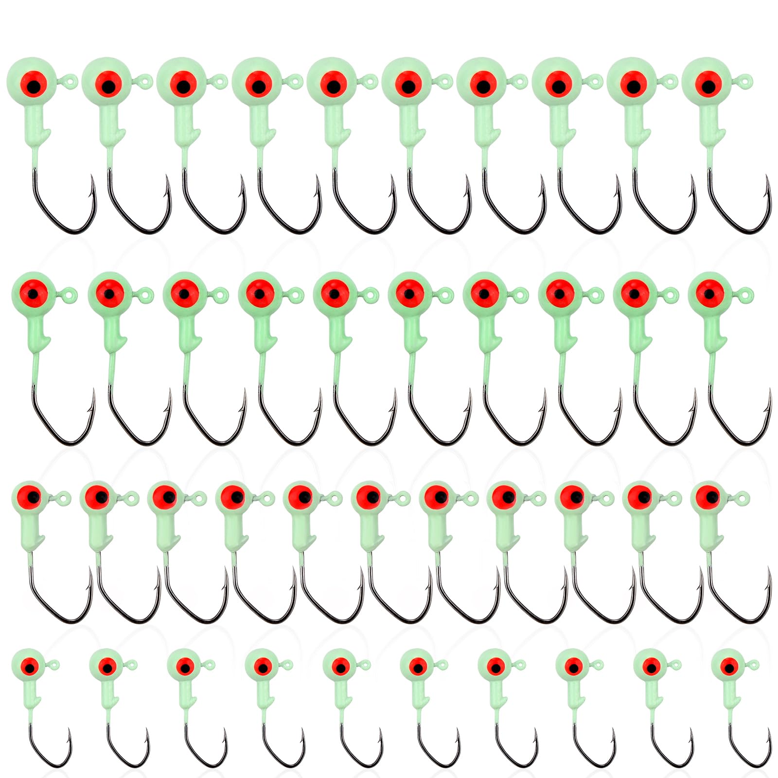 lasuroa 40 Pcs Glow in The Dark Crappie Jig Heads, 4 Sizes Night Fishing Jigs Head Hooks with 3D Eyes Swimbait Jig Heads for Crappie Bass Ideal
