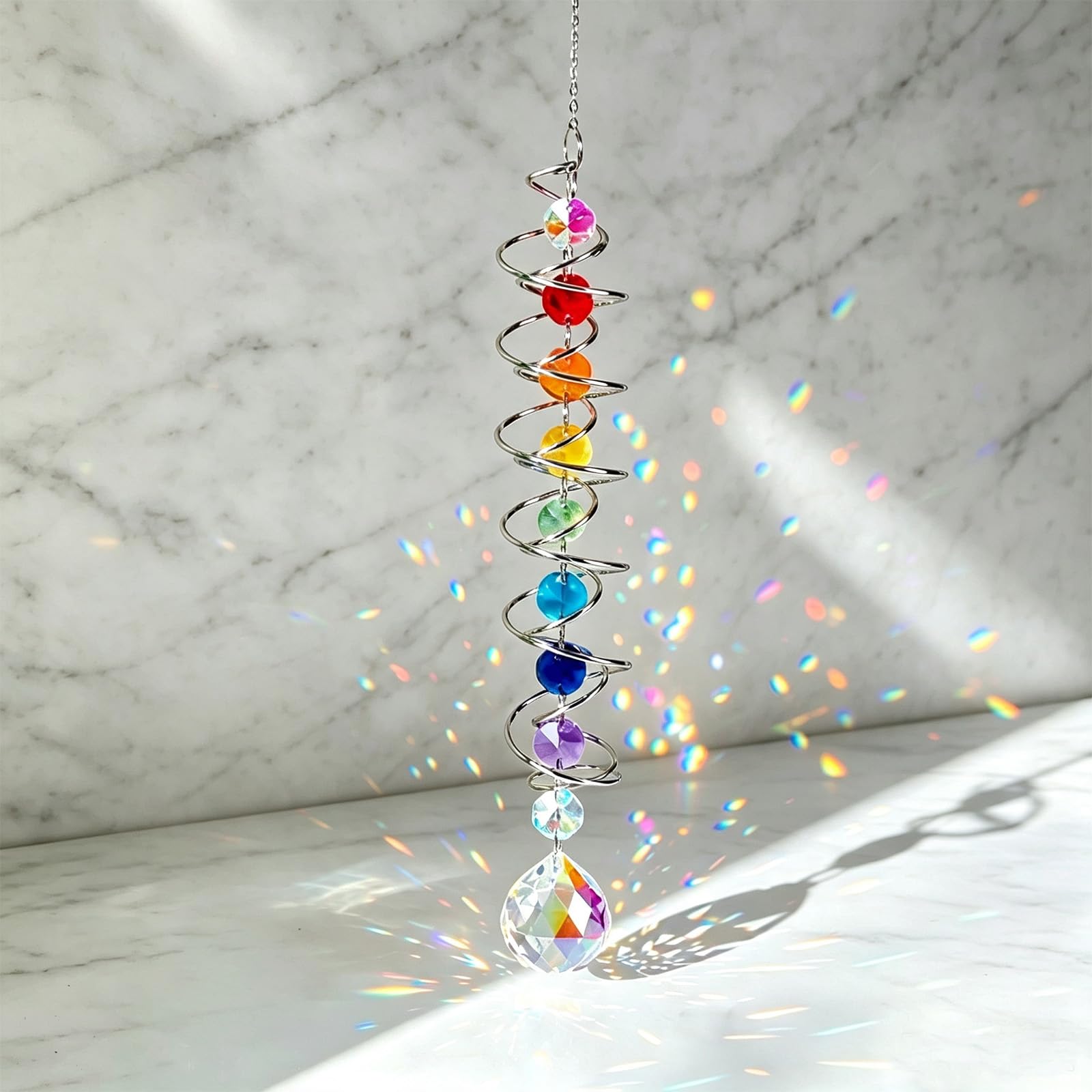 Spiral Crystal Suncatcher, Colourful Chakra Beads Window Hanging Ornament, Rainbow Prism Crystal Wind Spinner, Golden Silver Metal Spiral Crystal Pendant for Home Wall Decor (41cm,silver color-AB)