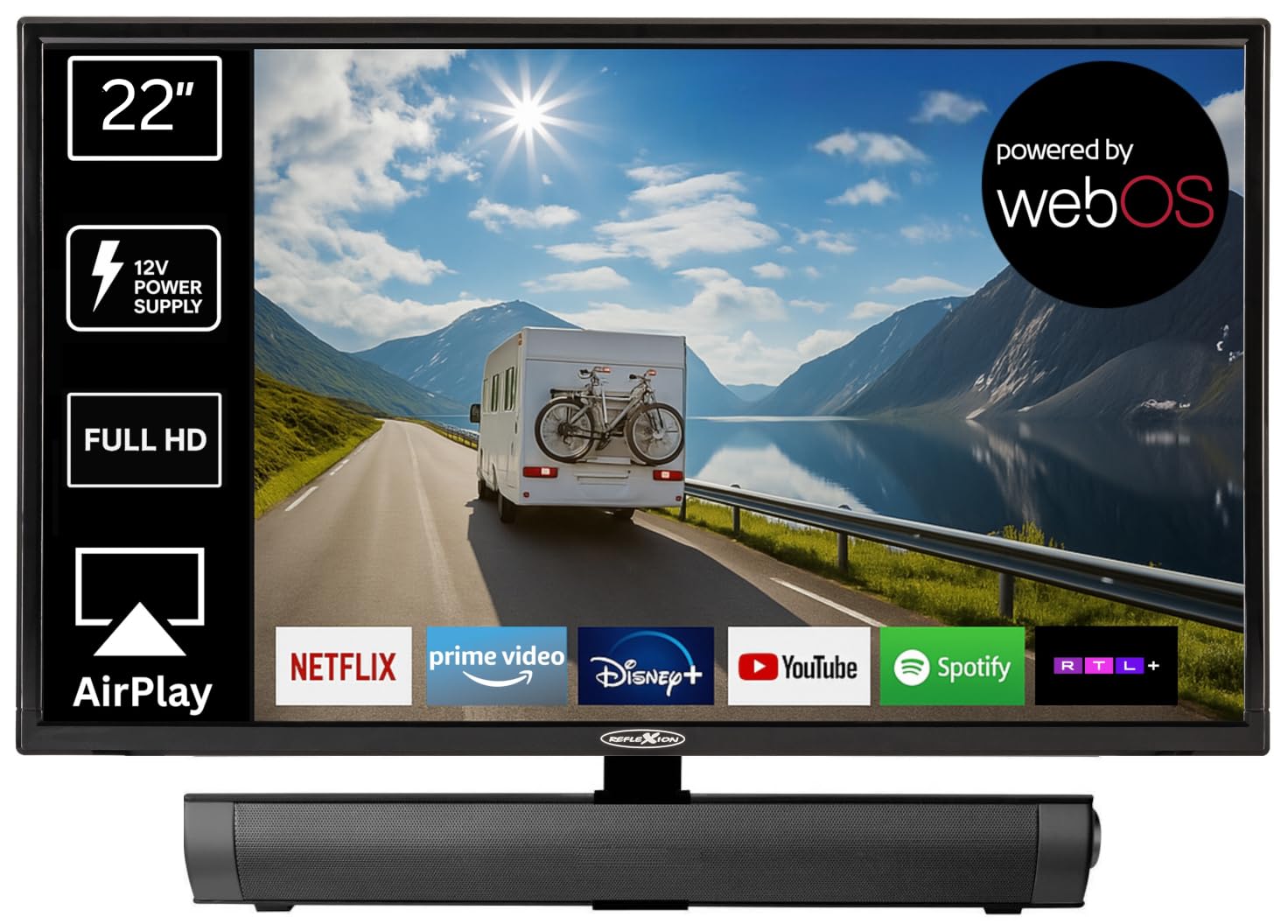 Reflexion LED22iBT Smart-TV 22 Zoll mit Soundbar, Full-HD, WLAN, Bluetooth, HDMI, USB, CI+, 12V-KFZ-Adapter – ideal für Wohnmobile, Wohnwagen, Camper & Boote – inkl. Fernbedienung