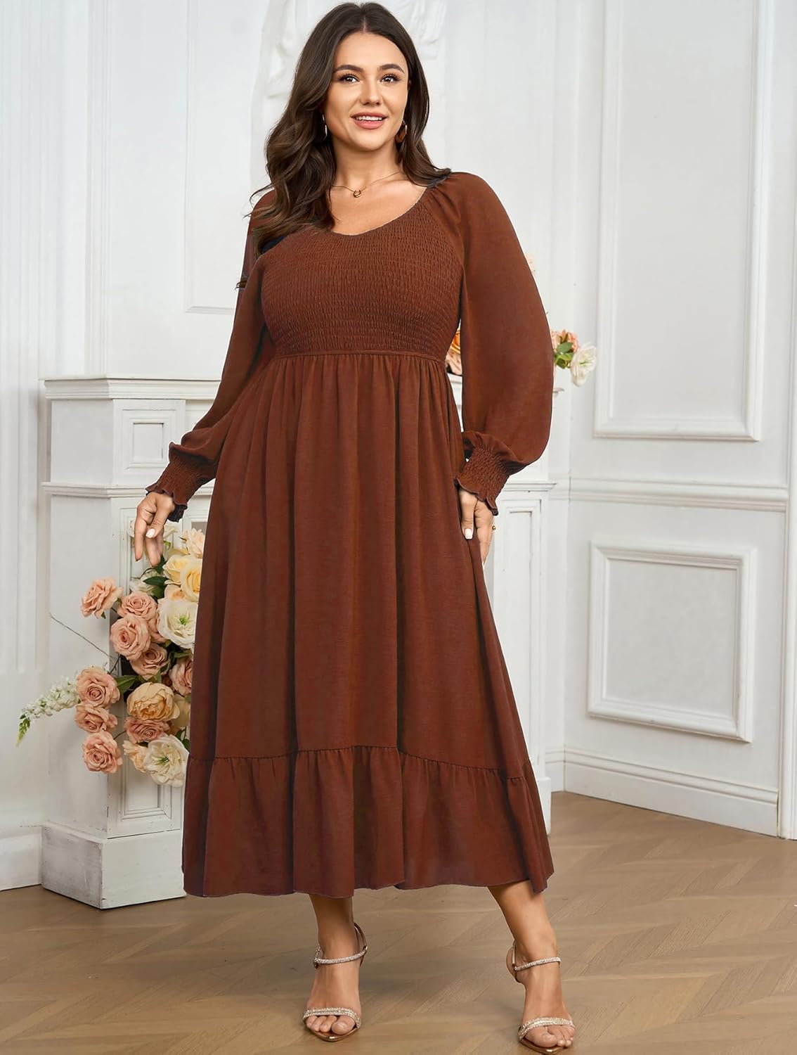 SCOMCHIC Women's Plus Size Maxi Dress Long Sleeve Square Neck Dress Casual Smocked Ruffle Swing Flowy Long Fall Dresses - Image 7