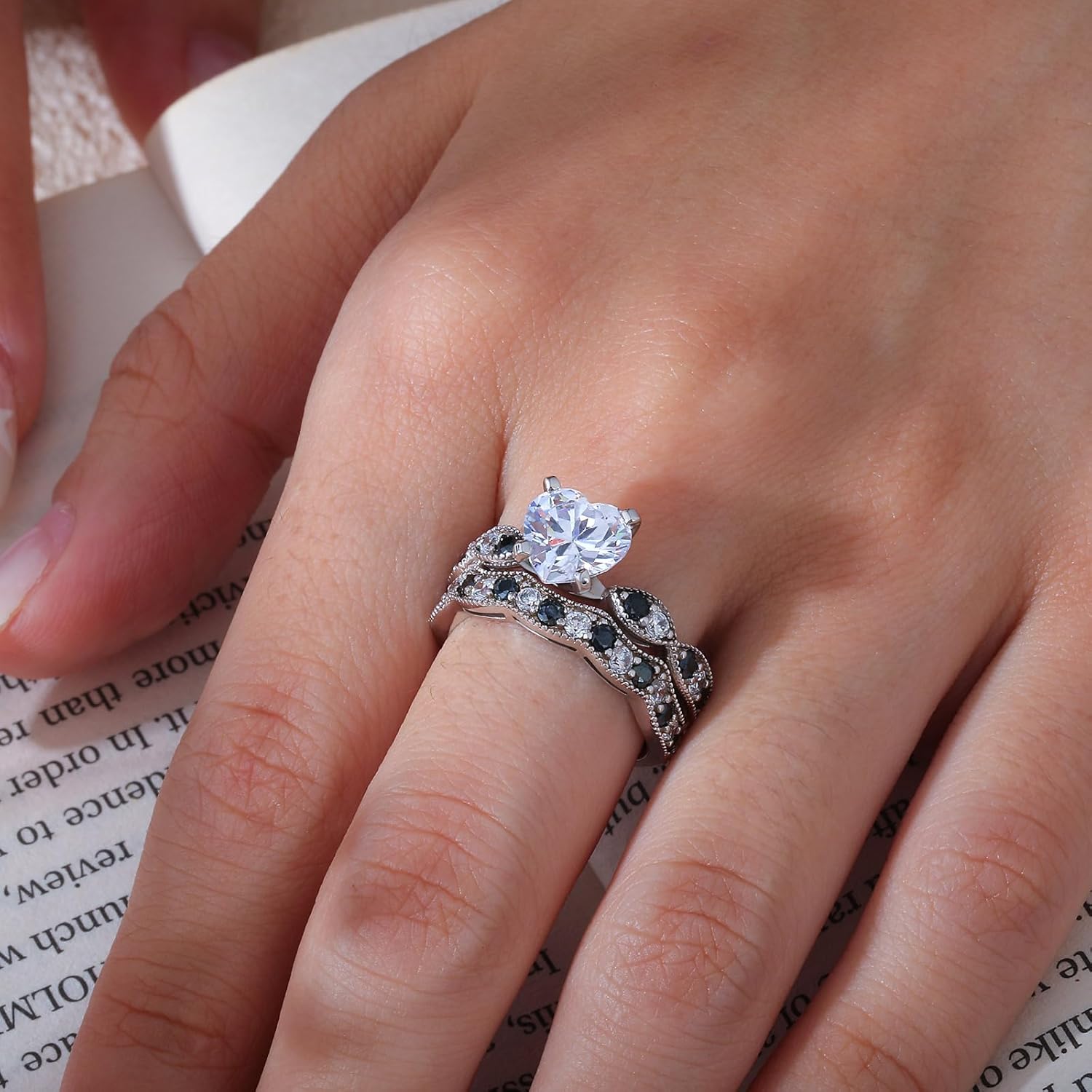 Jeulia 3 Carat CZ Solitaire Engagement Rings Halo Milgrain Heart Cut Sterling Silver Ring Set Promise Engagement Wedding Anniversary Rings Bridal Sets for Women - Image 7